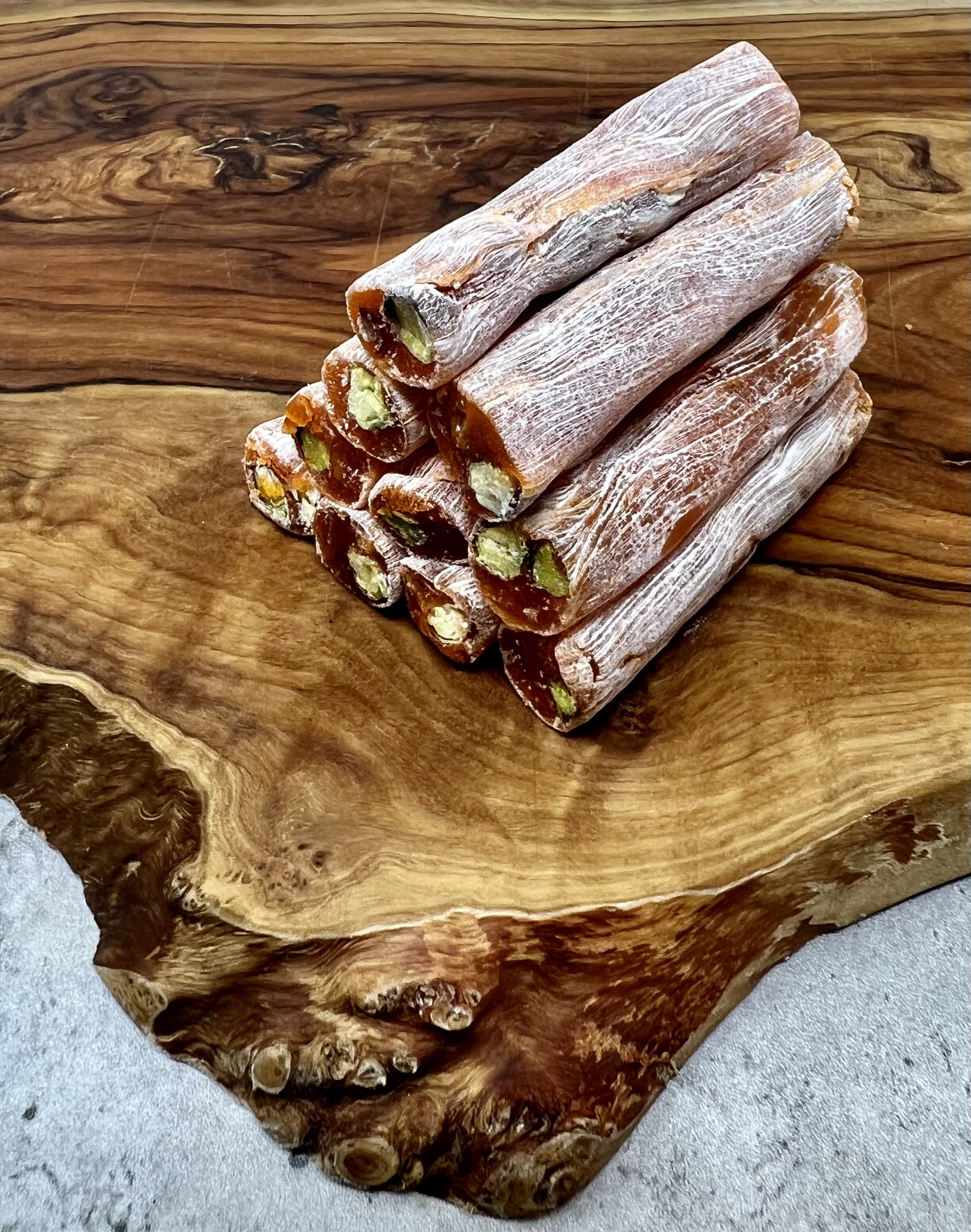 Turkish Delight Lokum Fingers with Mango Flavour and Pistachios. UK's largest Online Shop for Turkish Delight. Customise your Box. Exciting Sales