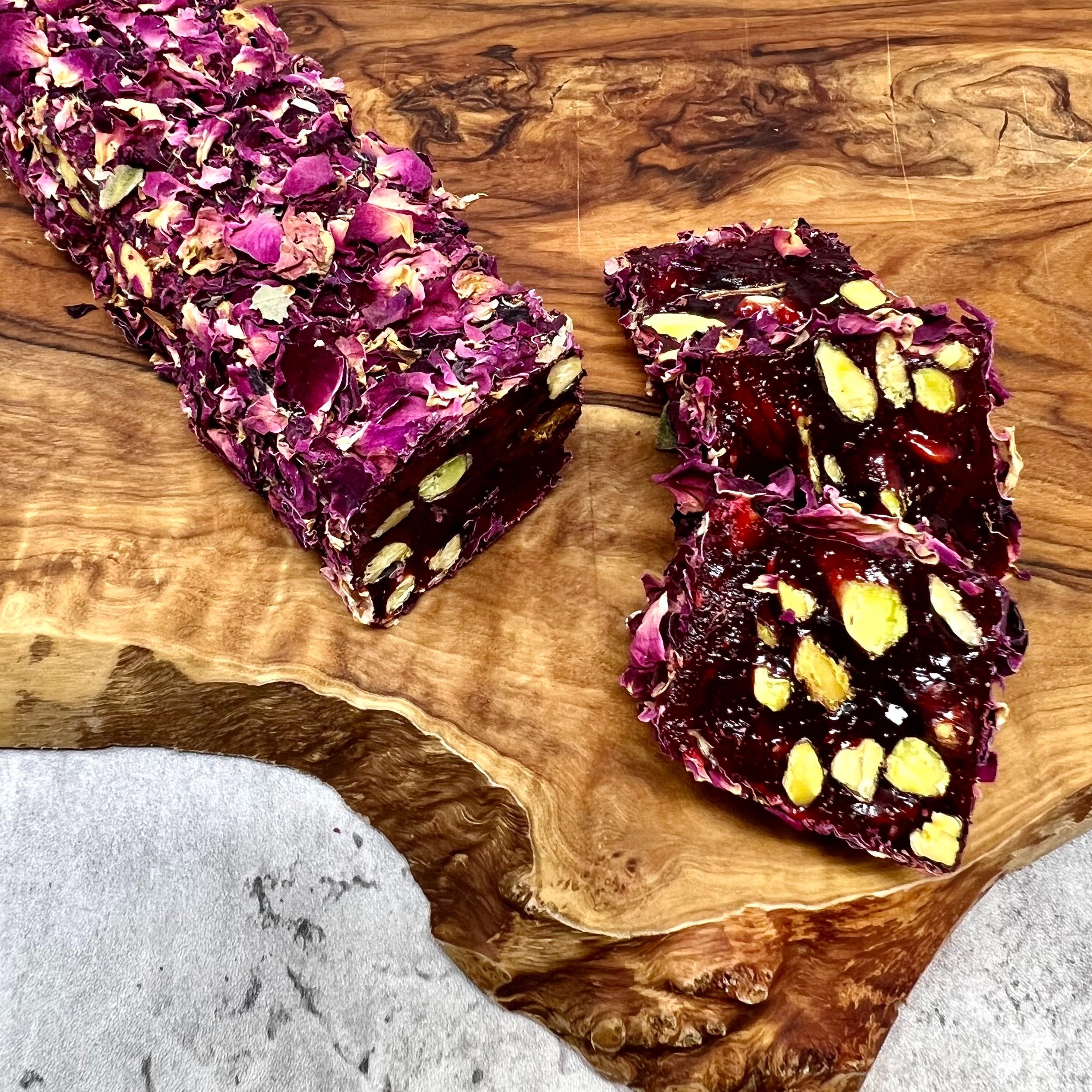 Turkish Delight Lokum with Pomegranate Flavour and Pistachios Coated with Rose Petals. UK's largest Online Shop for Turkish Delight. Customise your Box. Exciting Sales