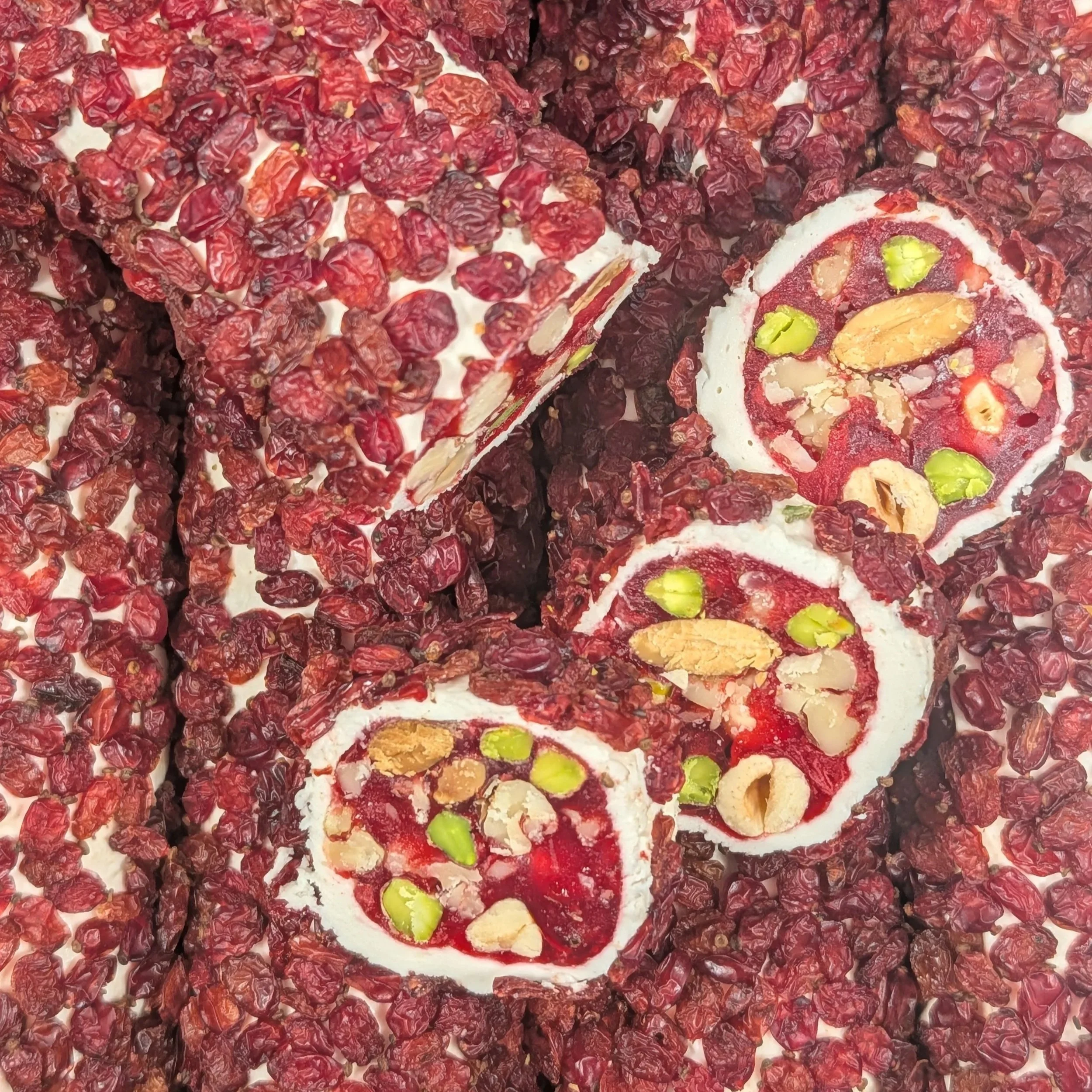 Exquisite detail of the soft pomegranate base and ruby-red cranberries in our Turkish Delight.
