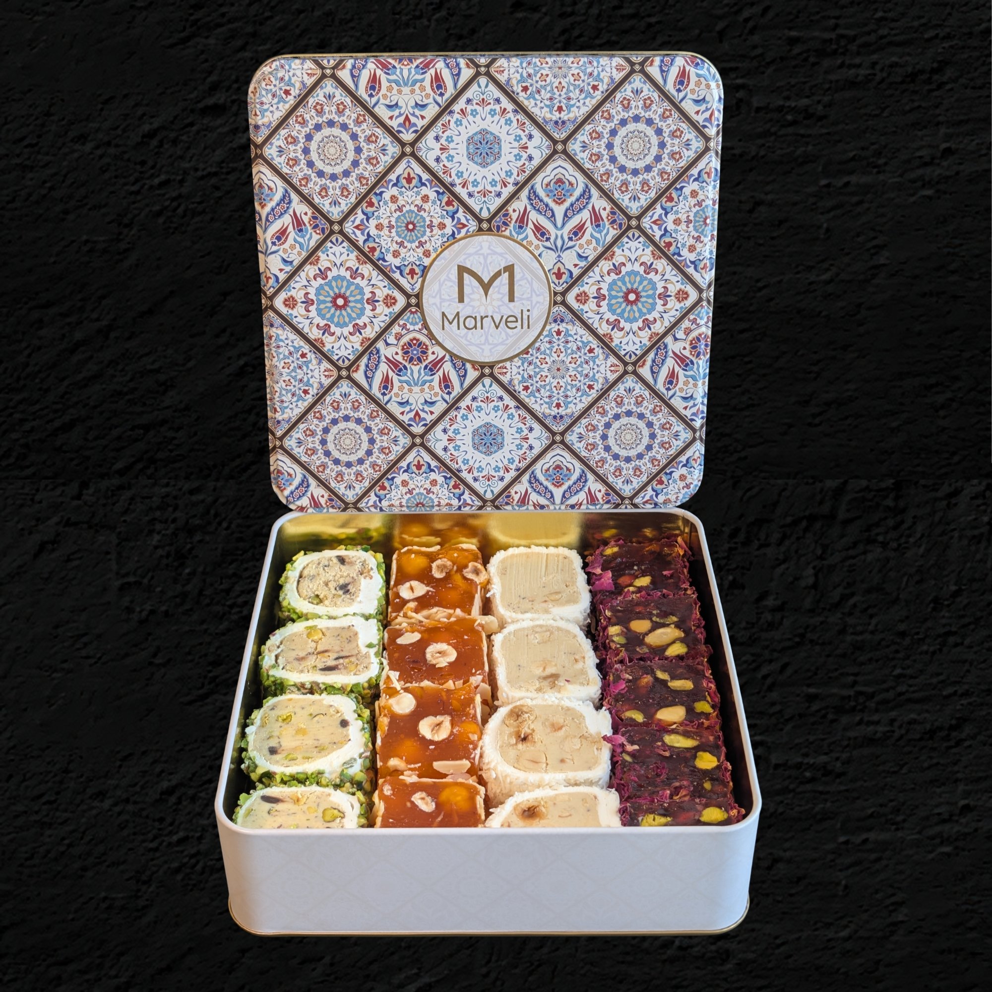 A bespoke Marveli Turkish Delight gift tin, custom-filled with your choice of artisanal Lokum.