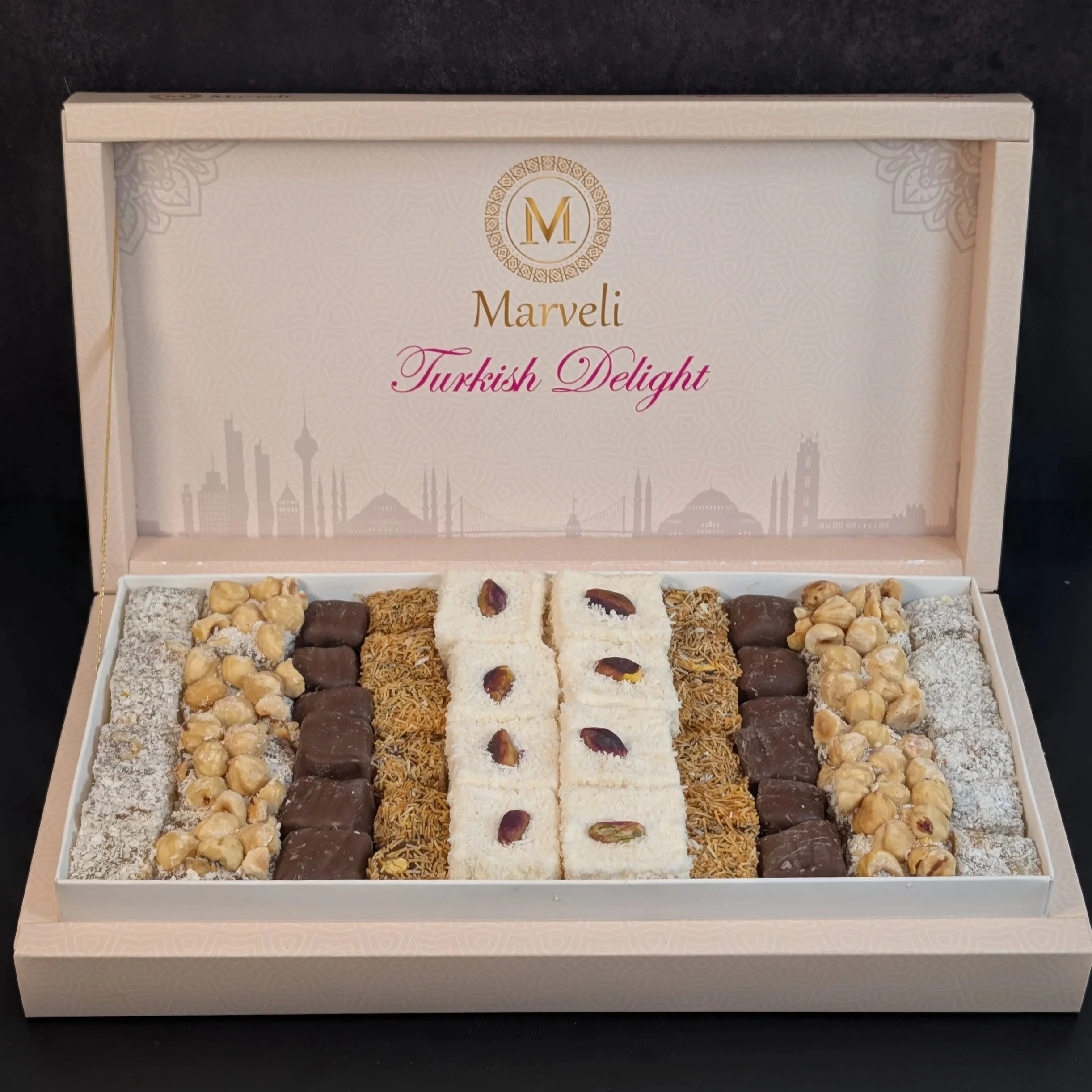 Turkish Delight Cubes Gift Box with Nuts, Chocolate and Kadayif(Kunafa)
