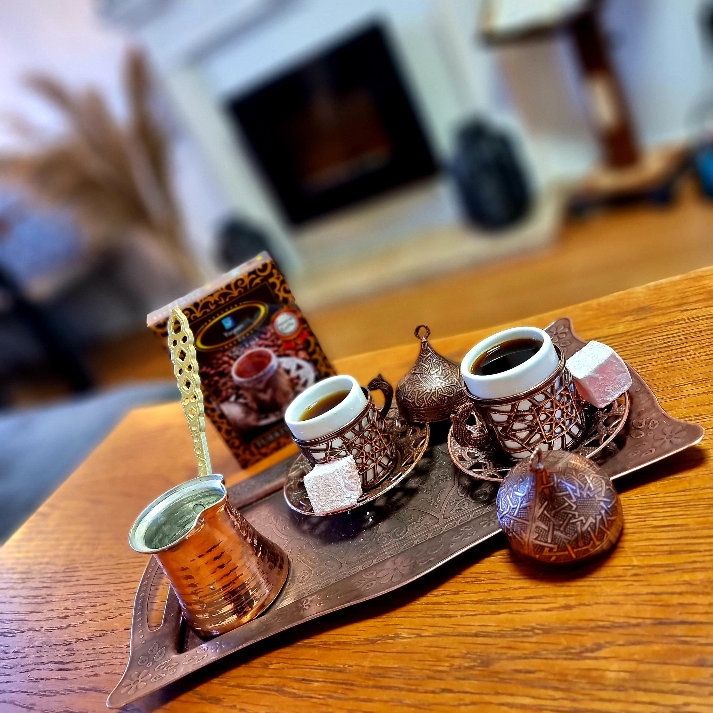 Turkish Coffee Gift Set for Two with Ground Coffee and Cooking Pot Copper and Serving Tray Starter Kit Greek Ottoman Arabic Bosnian Middle Eastern Kahwa