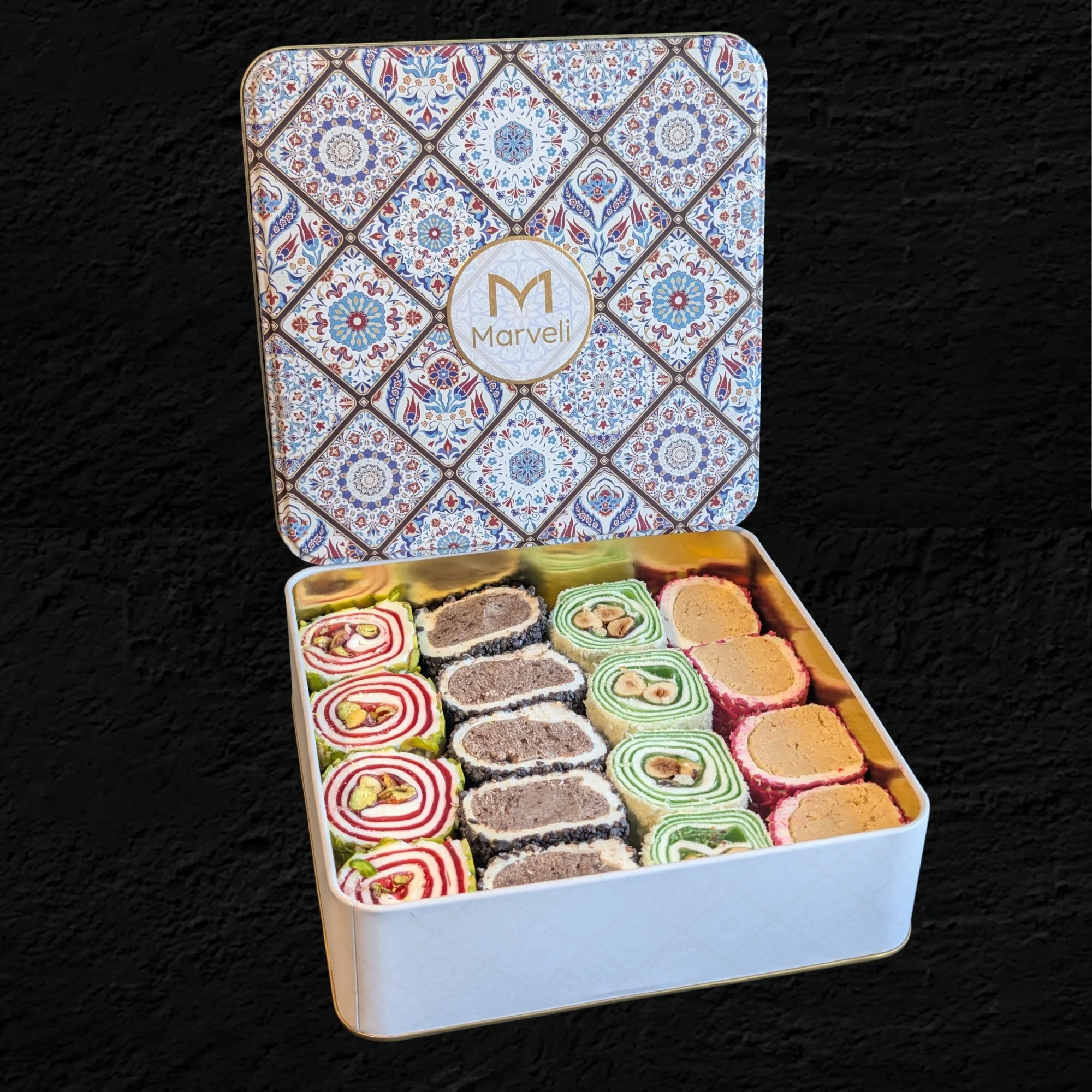 A bespoke Marveli Turkish Delight gift tin, custom-filled with your choice of artisanal Lokum.