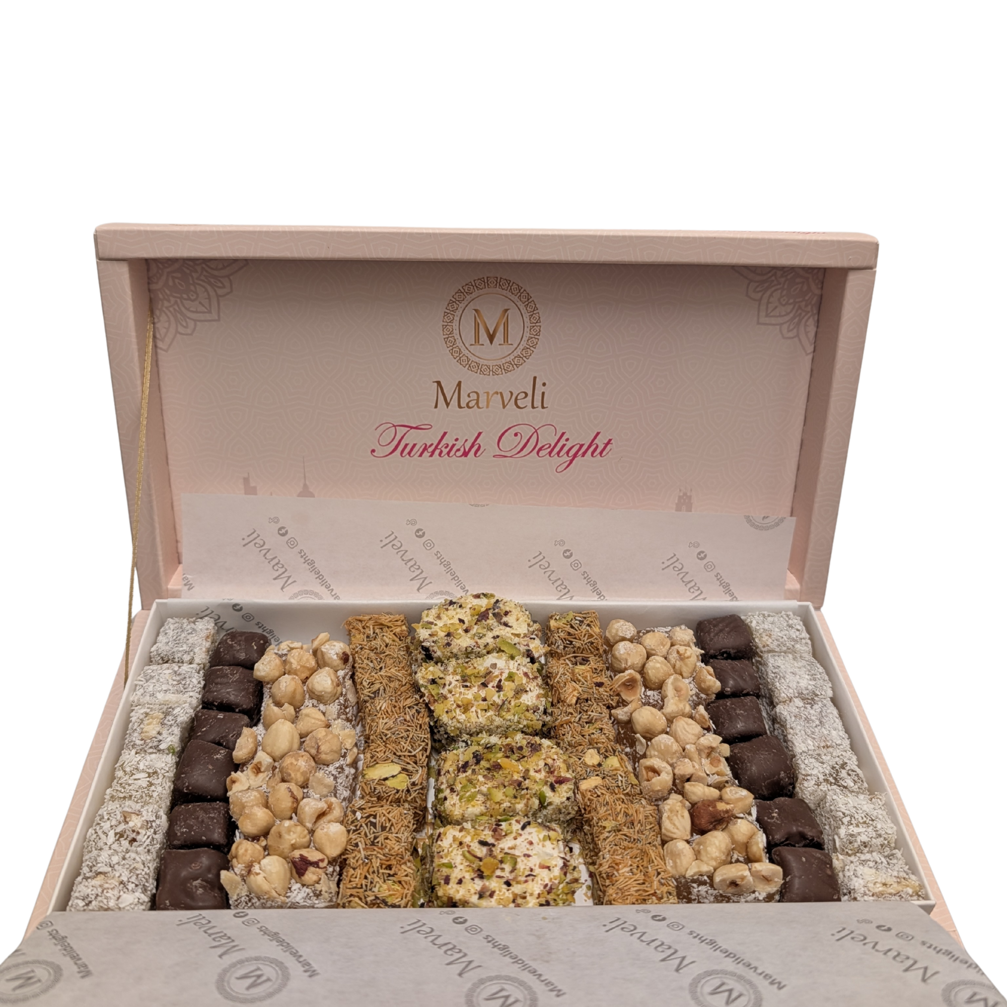 Turkish Delight Cubes Gift Box with Nuts, Chocolate and Kadayif(Kunafa)