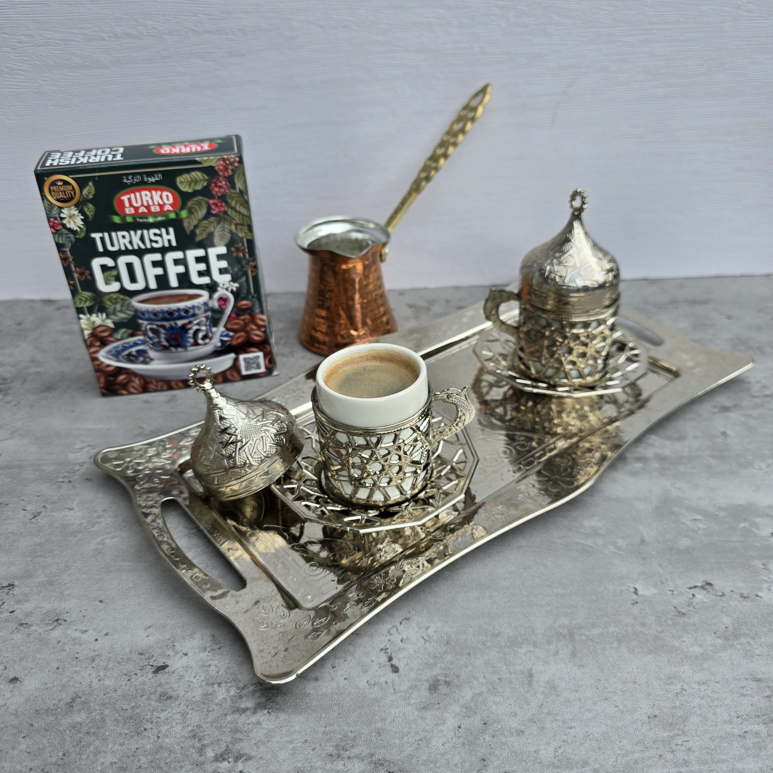 Turkish Coffee Gift Set for Two with Ground Coffee and Cooking Pot Copper and Serving Tray Starter Kit Greek Ottoman Arabic Bosnian Middle Eastern Kahwa