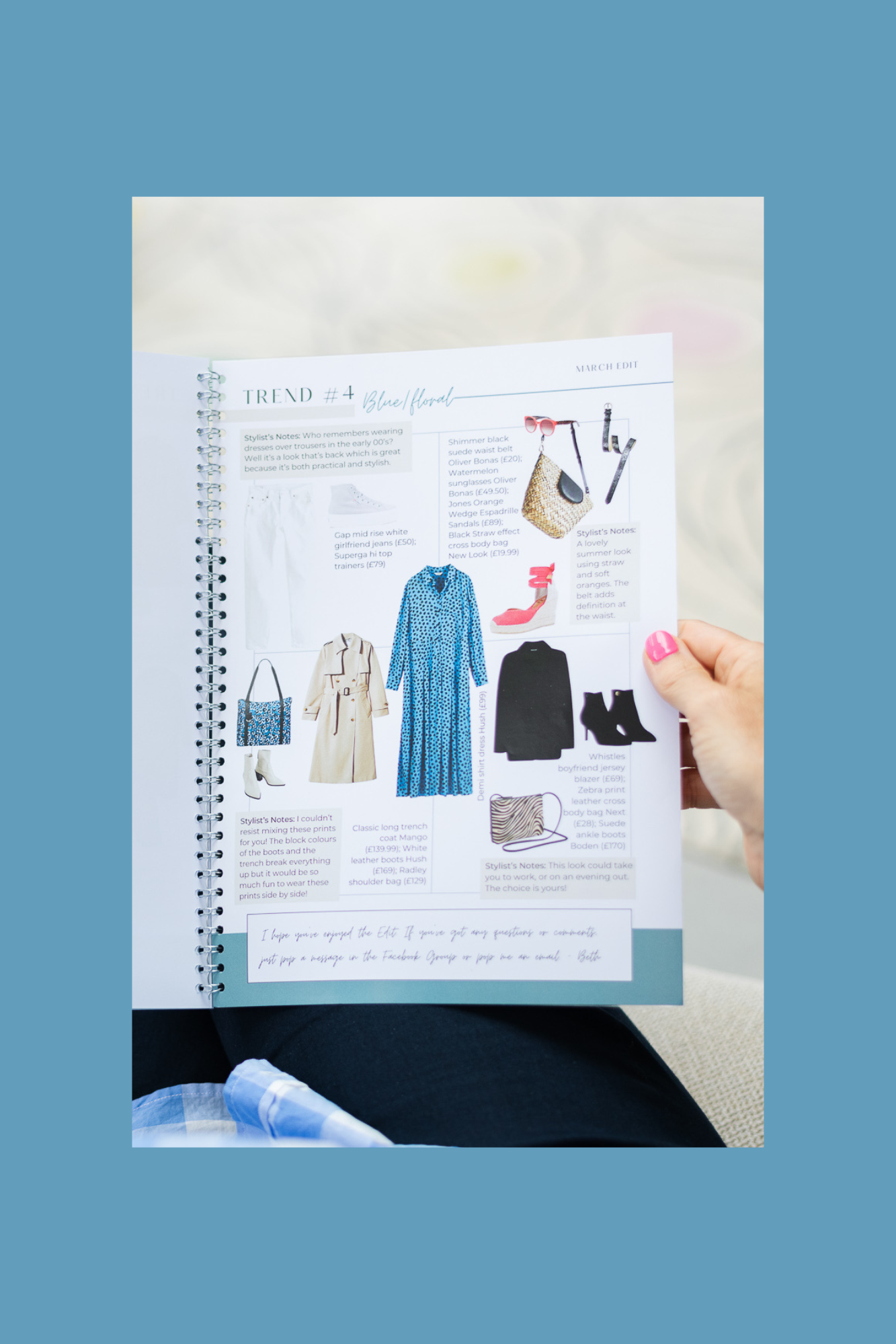 Hand holding a magazine page featuring fashion trend #4 called 'Blue Flower,' with images of clothing, shoes, accessories, and handwritten notes about style.