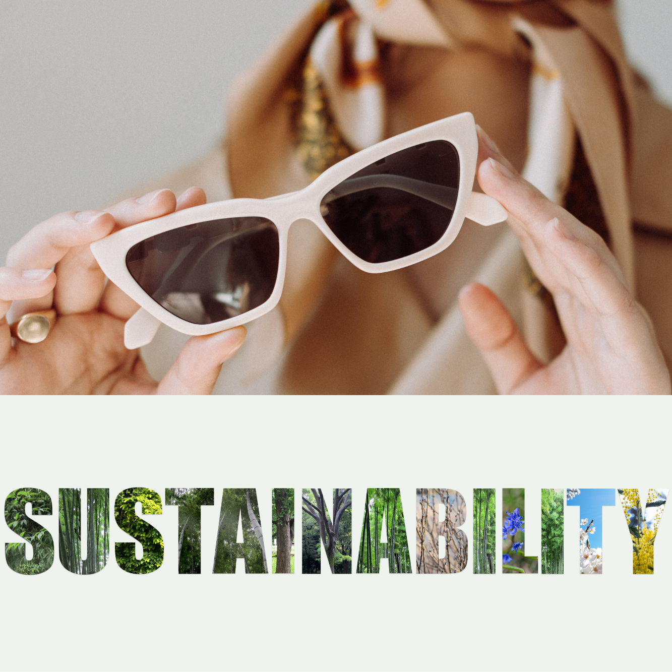 Hands holding pink sunglasses with the word Sustainability underneath