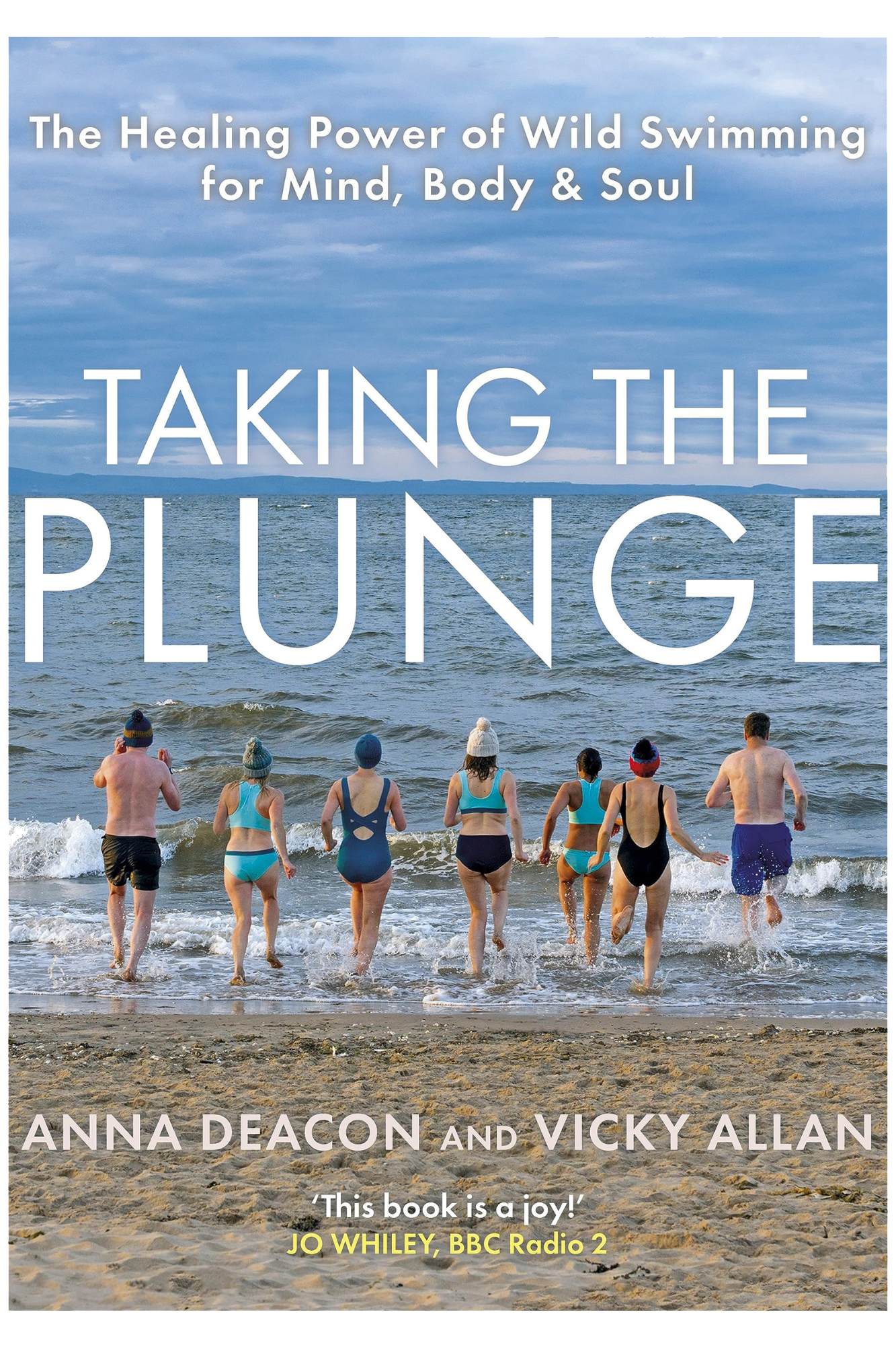 Book cover for 'Taking the Plunge' by Anna Deacon and Vicky Allan. The cover features people in swimwear entering the ocean at the beach with a cloudy sky above.