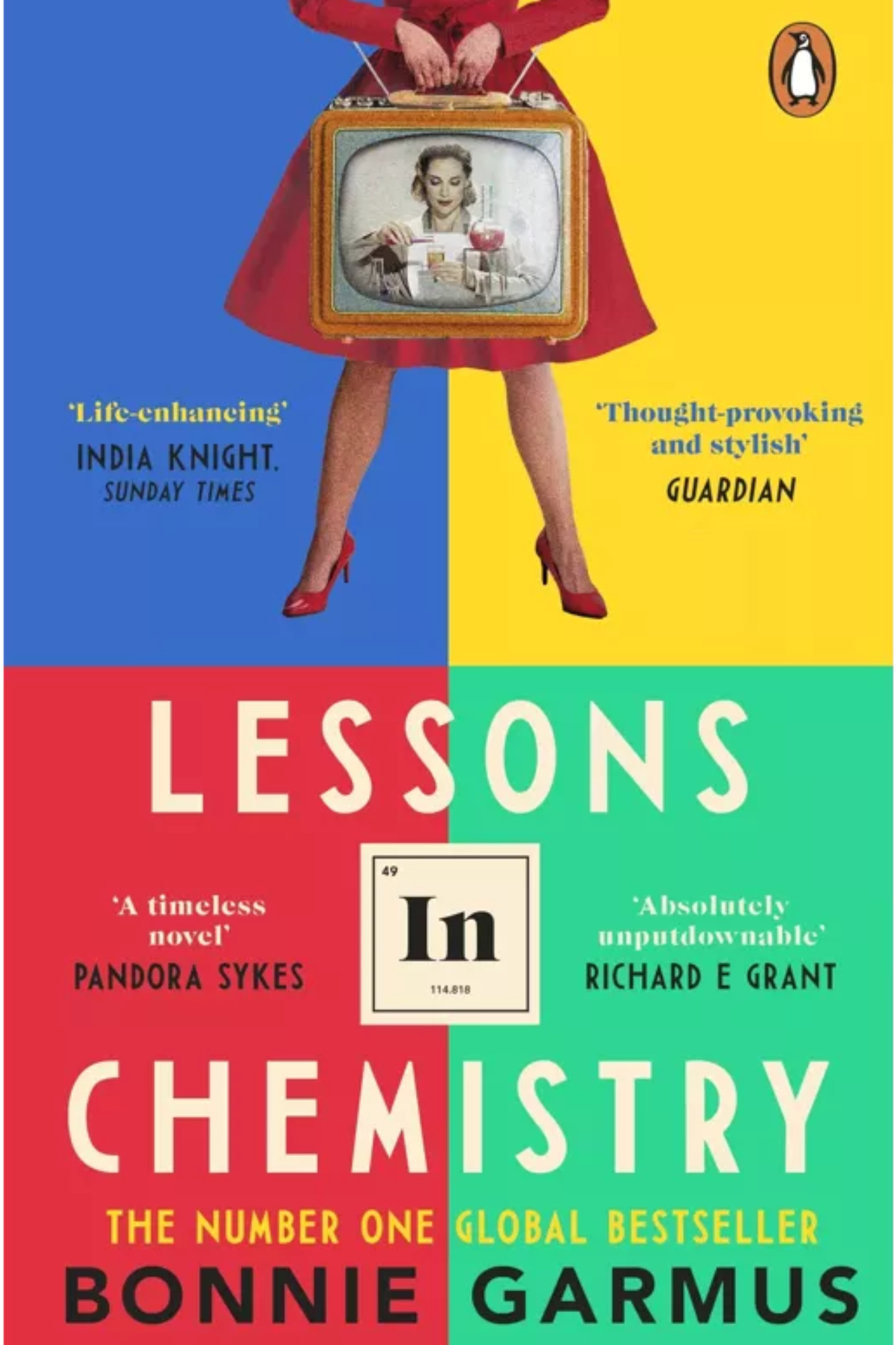 Book cover of 'Lessons in Chemistry' by Bonnie Garmus, divided into four colorful quadrants with a woman in a red dress holding an old-fashioned television set with her head out of view, and quotes praising the book.