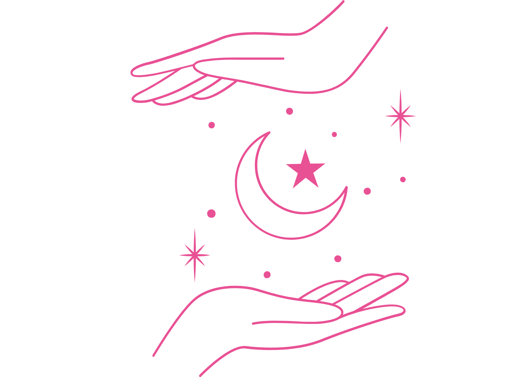 Outline of two hands, one above the other, with pink celestial symbols including stars, a crescent moon, and sparkles between the hands.