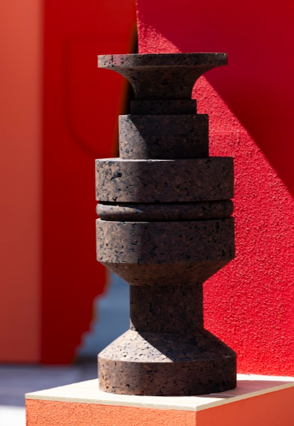 A close up shot of a small cork sculpture. The sculpture forms a part of the larger public installation, Temple of Relics, that was imagined and designed by the artist SImone Brewster.  A monumental piece of public art.