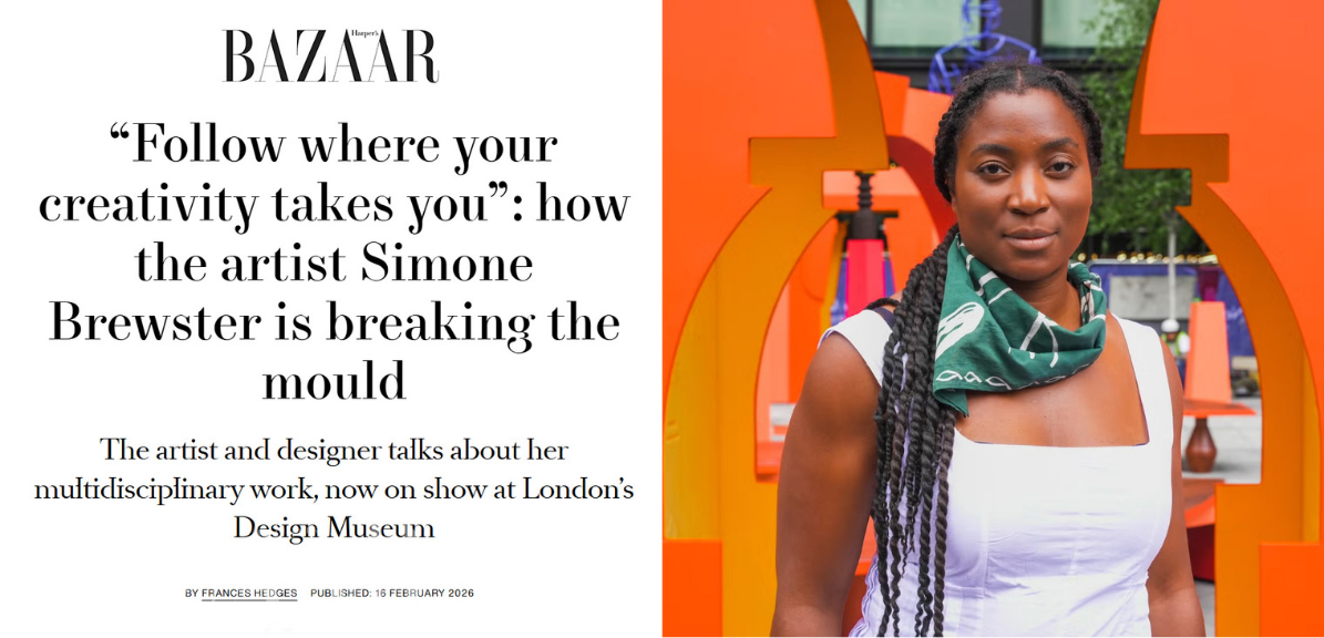 Magazine article featuring artist Simone Brewster, with a colorful outdoor public art installation, Temple of Relics, and her portrait on the right.
