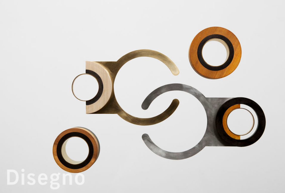 Geometric shapes and circular designs in wood, metal, and black accents, feature image for Disegno magazine.