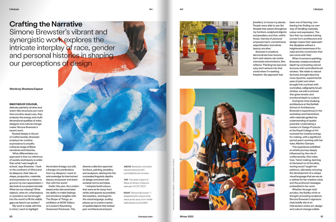 Two pages of a magazine spread. The left page features text about Simone Brewster and her art, with an abstract painting. The right page shows two photographs: one of colorful sculptures outside, and one of the artist in her exhibition.