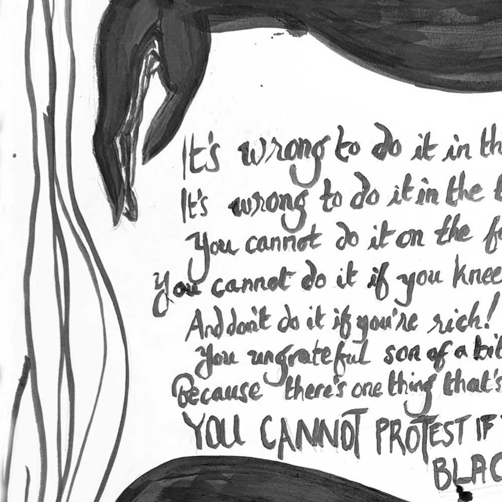 Handwritten poem on paper with abstract black and white drawings, including black curved shapes and lines resembling hair or fabric.