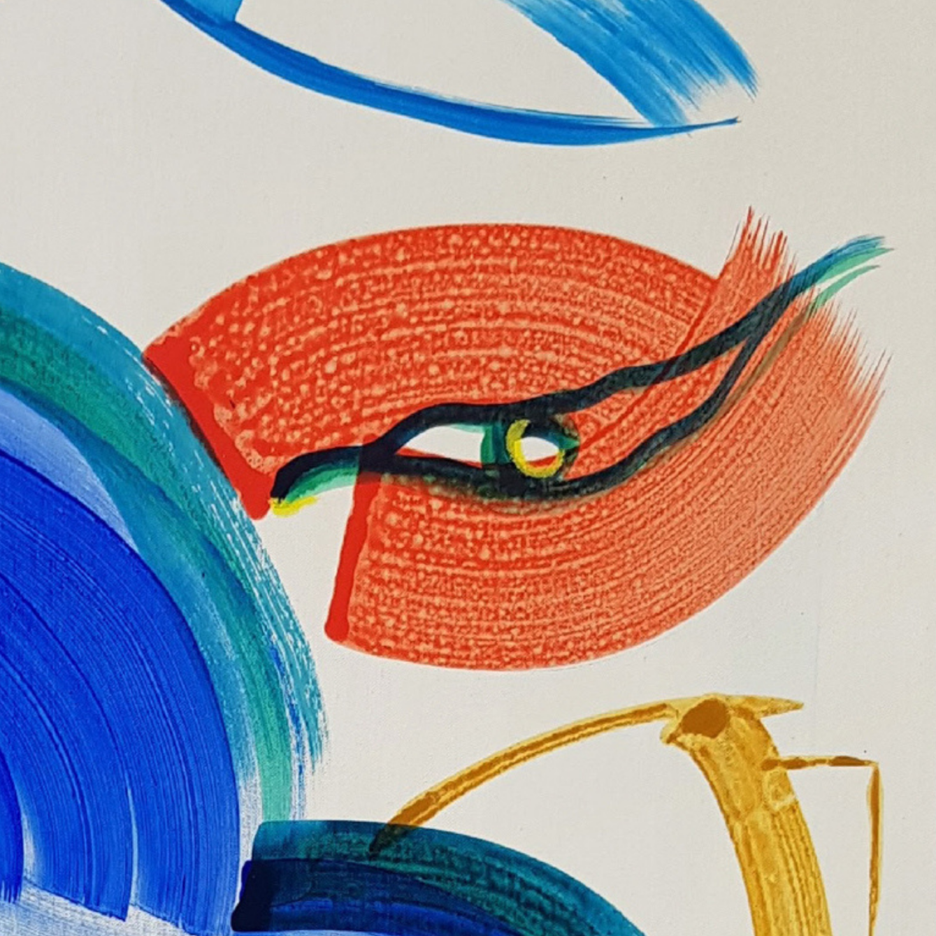Close-up of an abstract painting with colorful, swirling strokes in blue, green, red, yellow, and black.