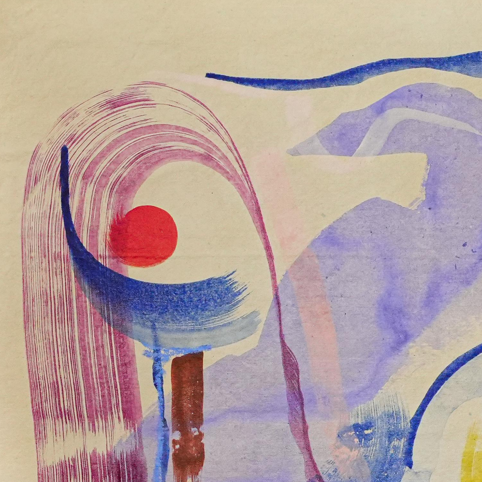 Abstract artwork with pastel and vibrant colors, featuring red circles, blue and pink arched lines, and textured purple and cream shapes.