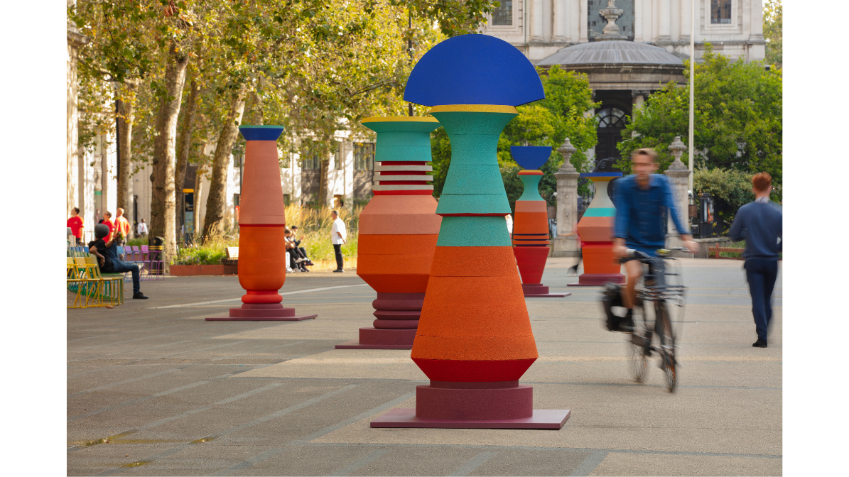 Five large, colourful sculptures made of cork are displayed on The Strand in London. The sculptures are made of cork and draw on the visual language of architectural columns, ceremonial vessels and totemic forms. 