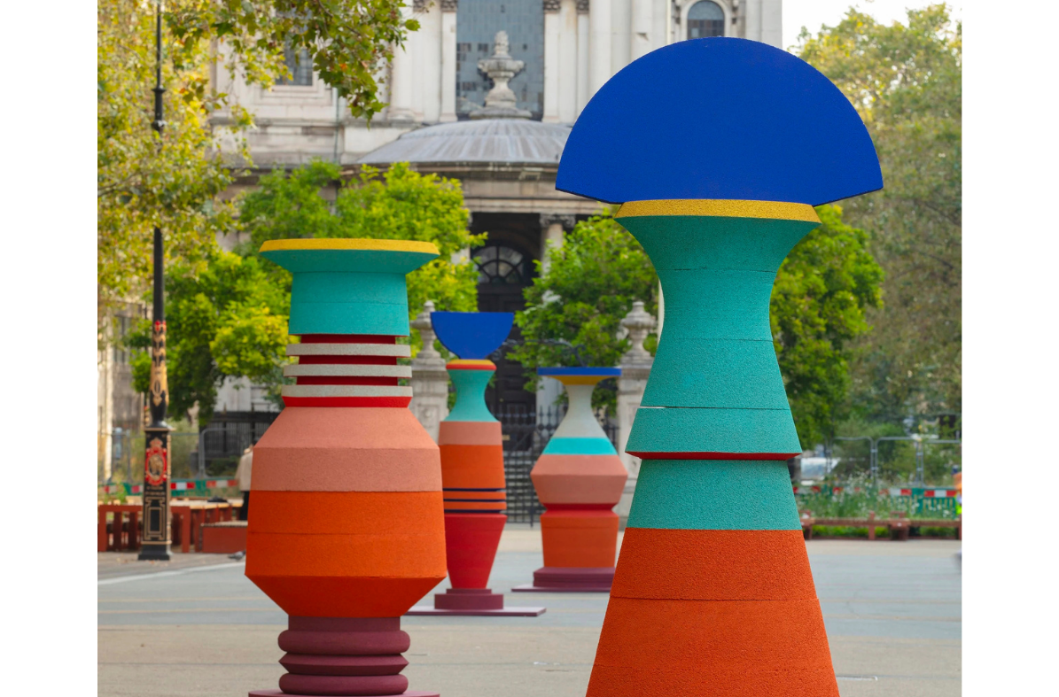 Four large, colourful sculptures made of cork are displayed on The Strand in London. The sculptures are made of cork and draw on the visual language of architectural columns, ceremonial vessels and totemic forms. 