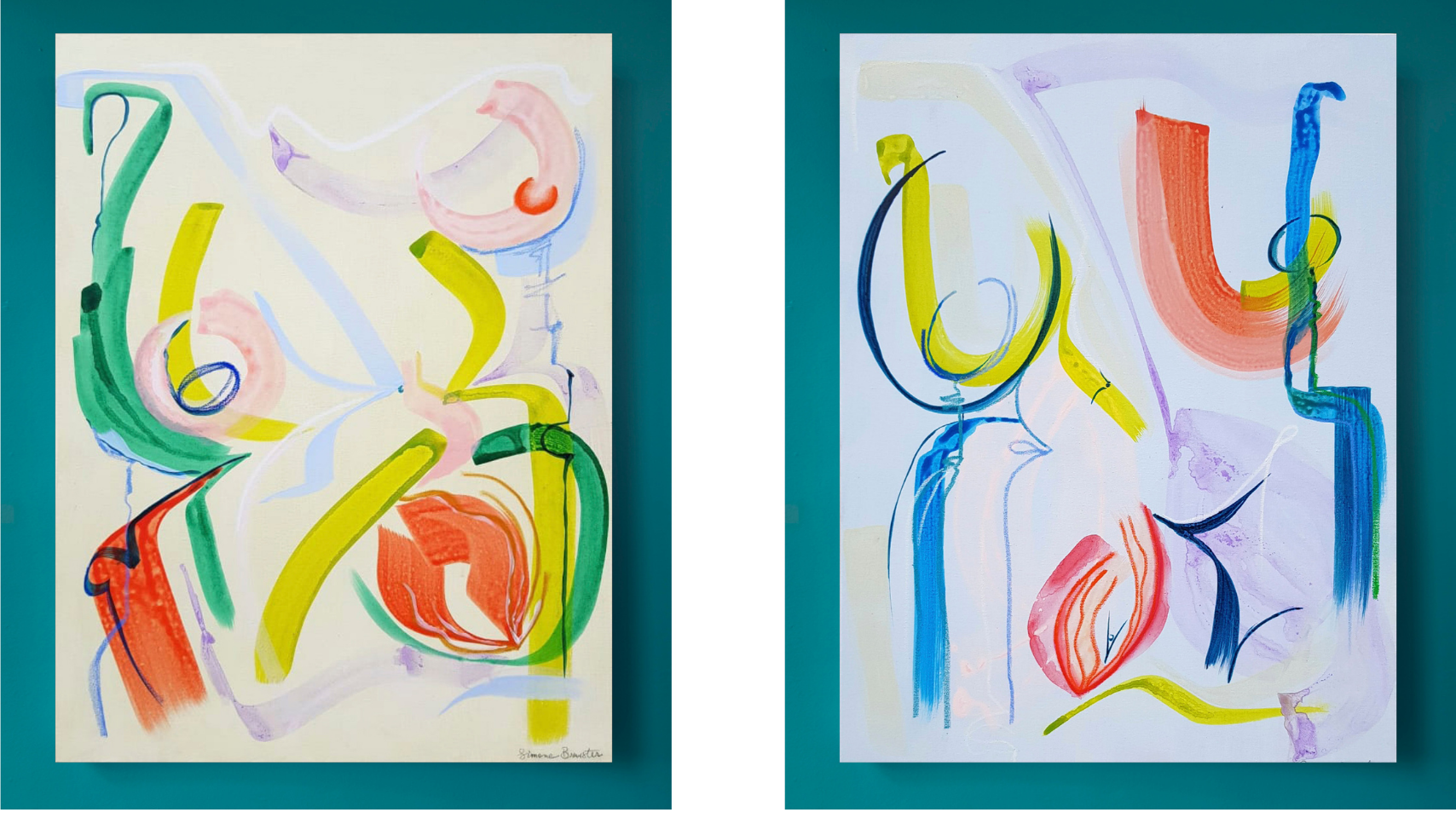Two abstract paintings side by side featuring overlapping gestural brushtrokes on paper in red, pale pink, lilac, and different tones of green and blue. 'Woman in Bloom 1' and 'Woman in Bloom 2' by Simone Brewster.  