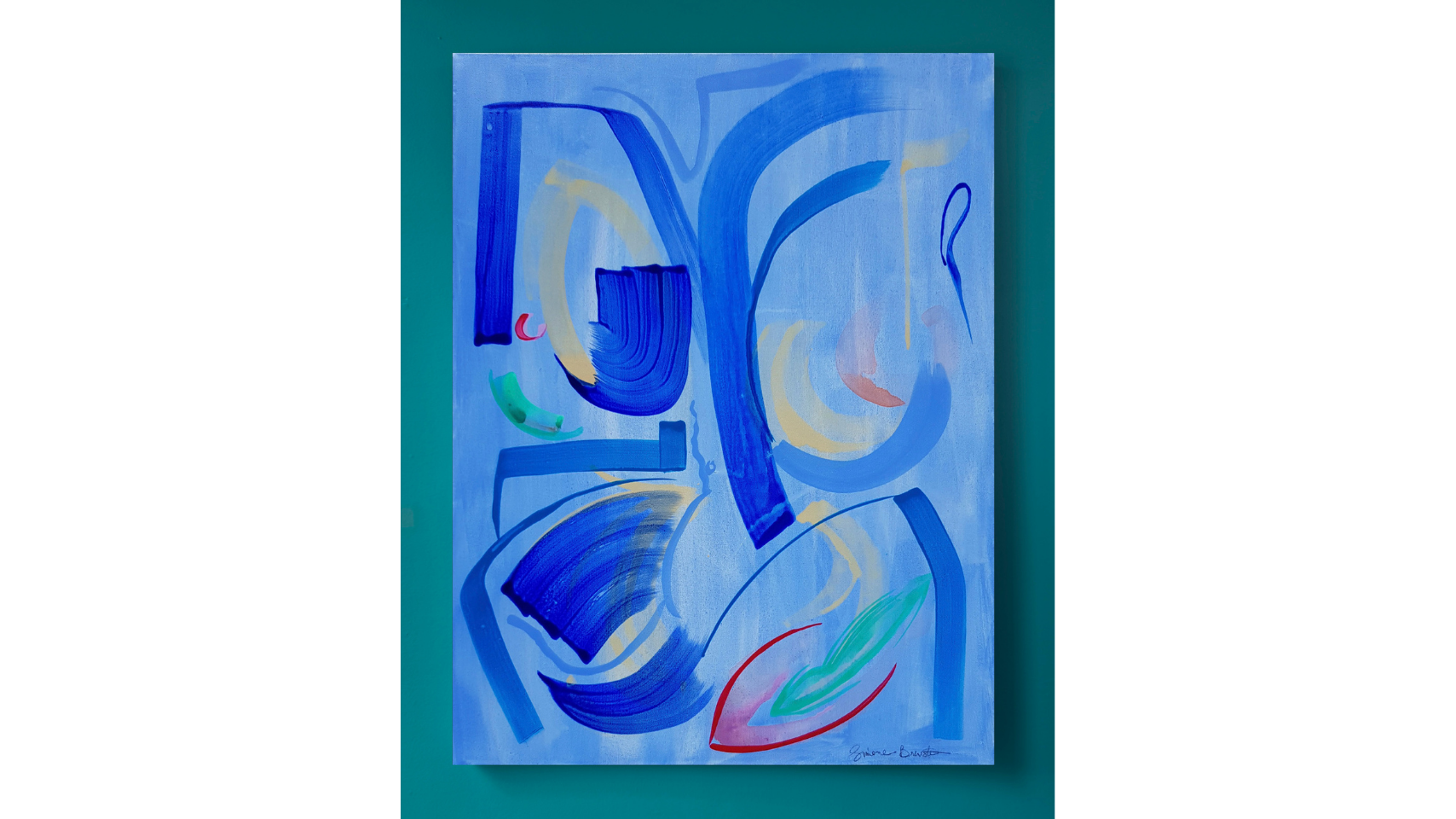 An abstract painting by Simone Brewster featuring overlapping gestural brushtrokes in different tones and shades of blue on paper painted with a blue background, with moments of green and red