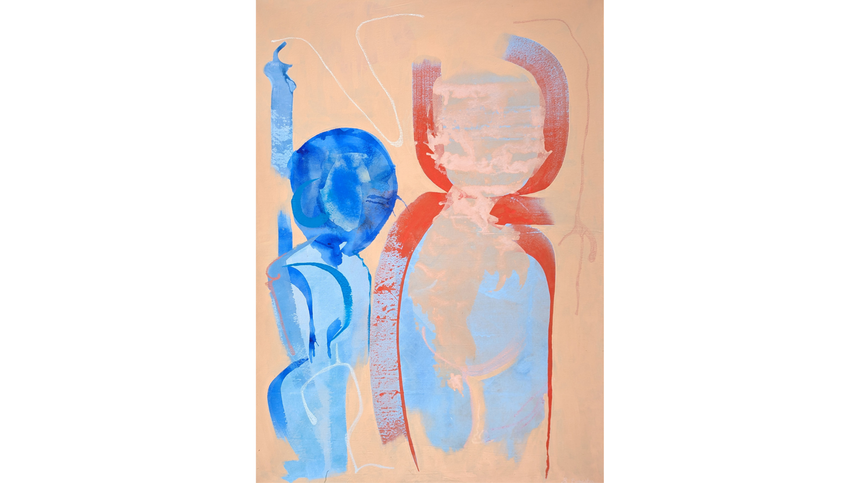 An abstract painting by Simone Brewster featuring overlapping gestural brushtrokes in different tones and shades of blue and moments or red and white on a paper painted with a salmon coloured background