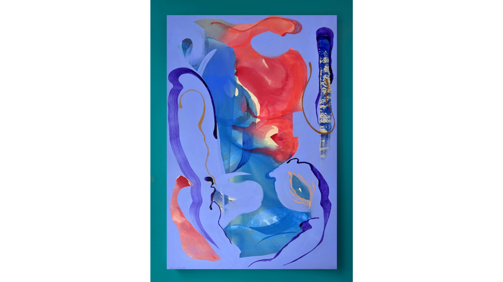 An abstract painting by Simone Brewster featuring overlapping gestural brushtrokes in red and different tones and shades of blue, on paper painted with a blue background, with moments of light orange and ochre
