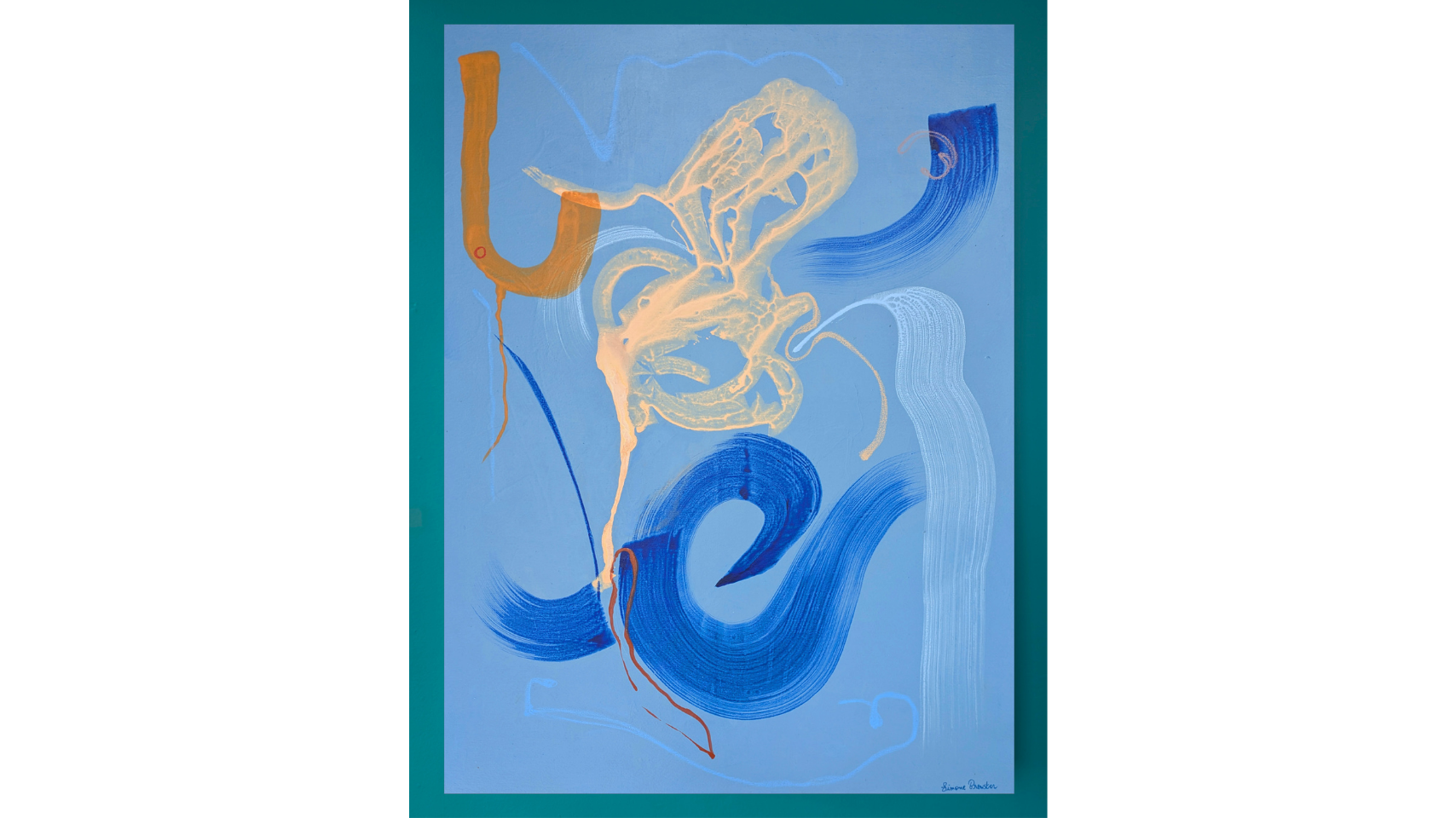 An abstract painting by Simone Brewster featuring overlapping gestural brushtrokes in different tones and shades of blue on paper painted with a blue background, with moments of ochre and light orange