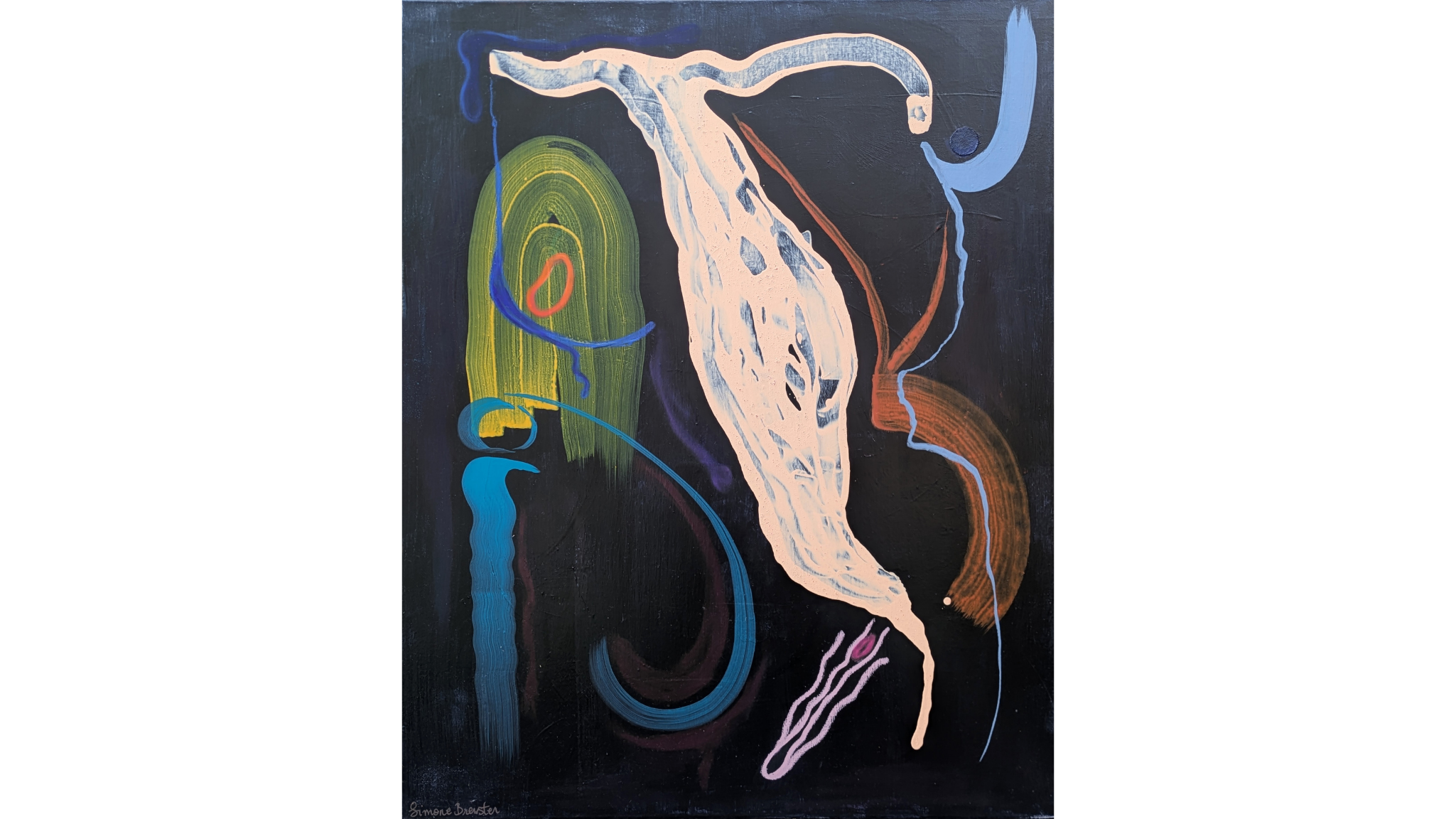 Abstract painting by Simone Brewster with black background featuring brush strokes in bright yellow, shades of blue, pale orange