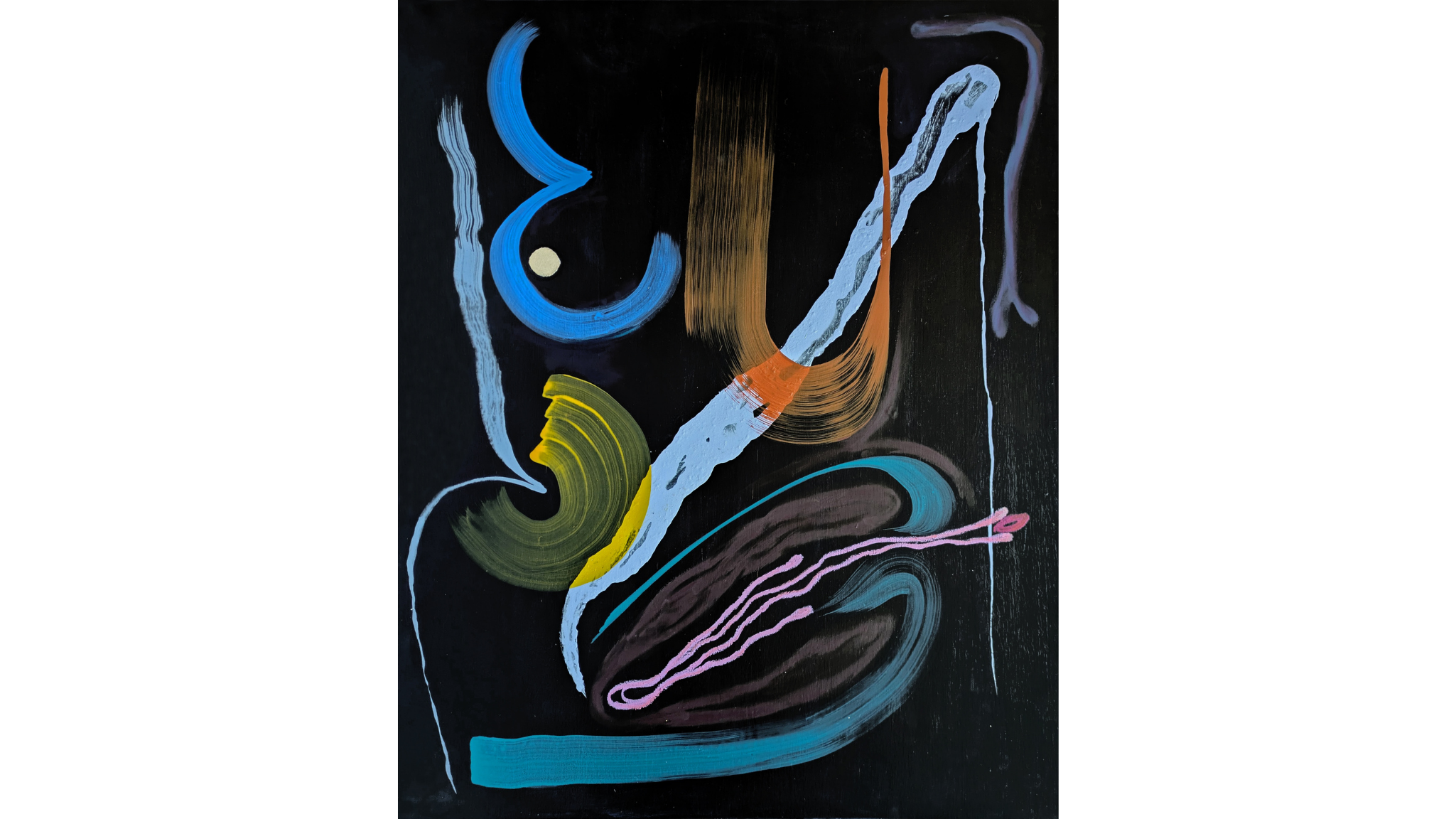  Abstract painting by Simone Brewster with brushtrokes in shades of blue, orange and yellow on a painted black background 