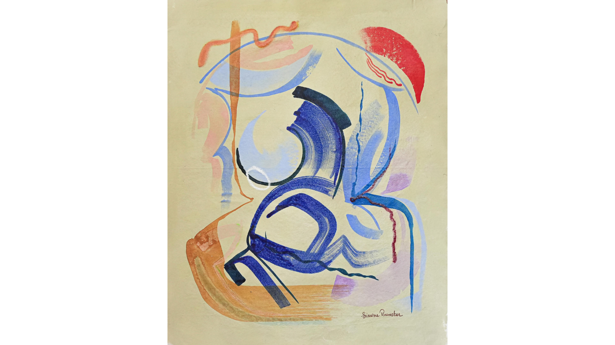 Abstract painting by Simone Brewster on paper with brushtrokes in shades of blue, red, ochre and lilac