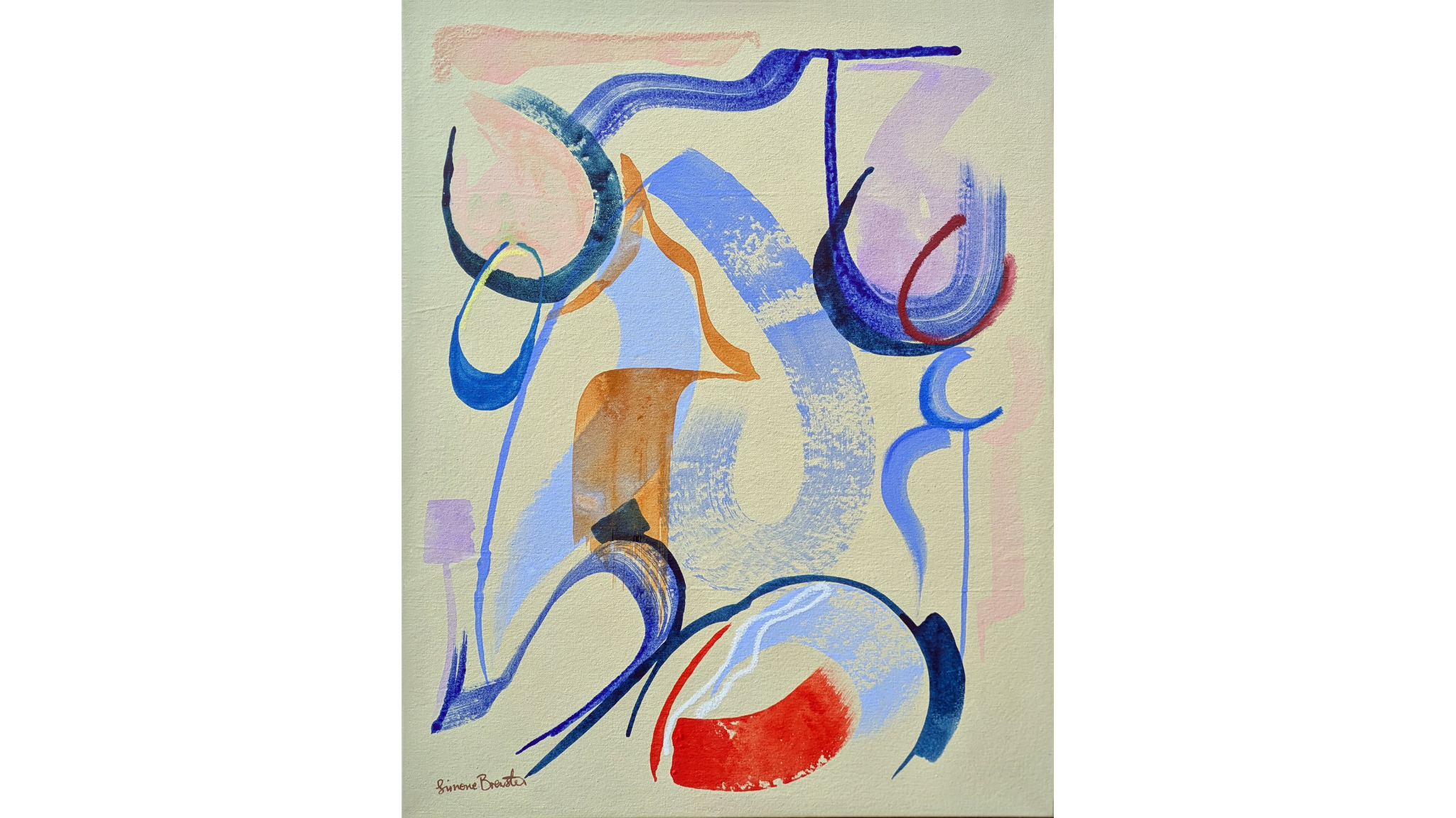 Abstract painting by Simone Brewster  on paper with overlapping brushtrokes in red, burgundy, lilac, ochre and shades of blue 