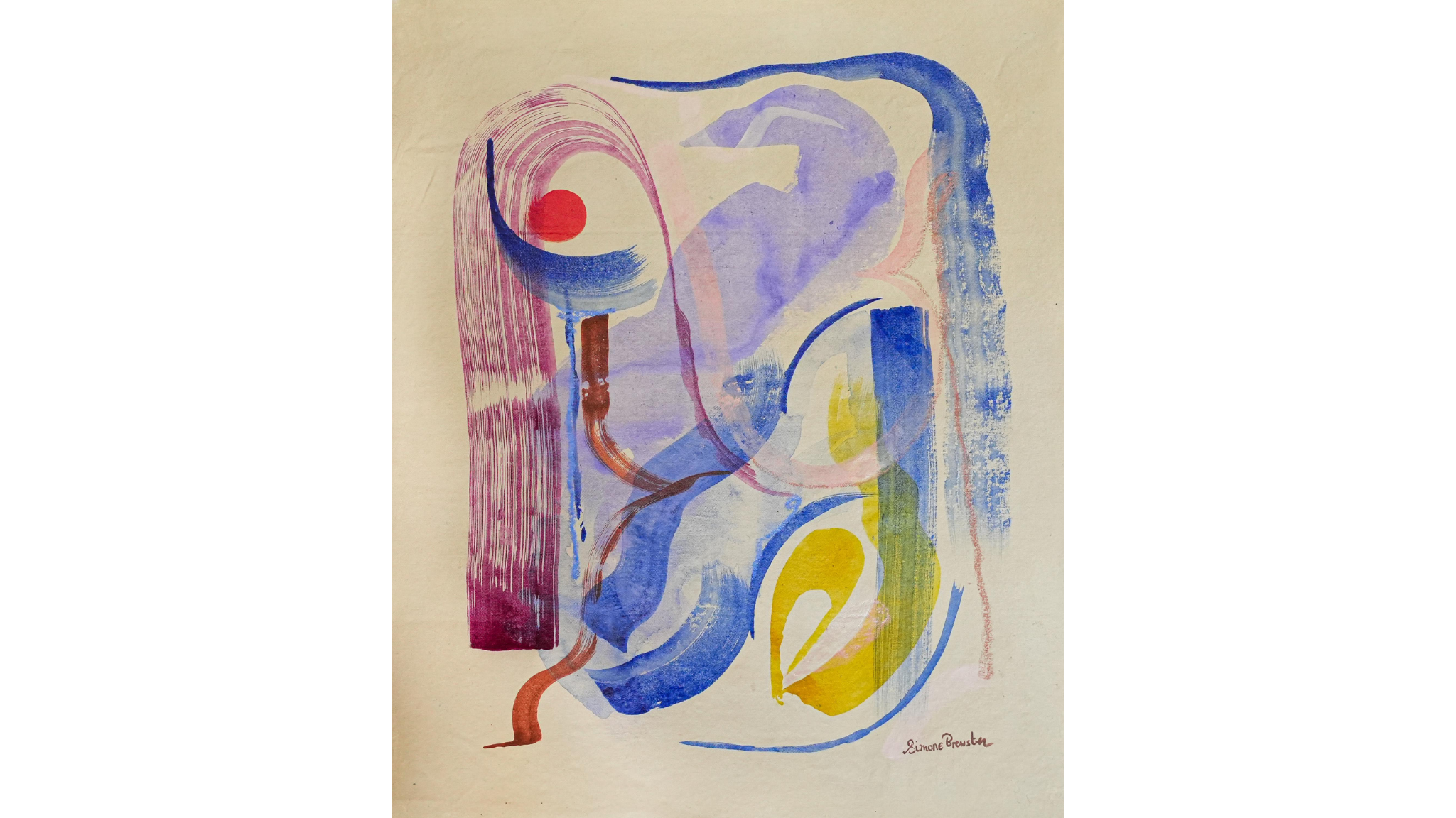 Abstract painting by Simone Brewster on paper with overlapping brushtrokes in different tones of red and blue and yellow