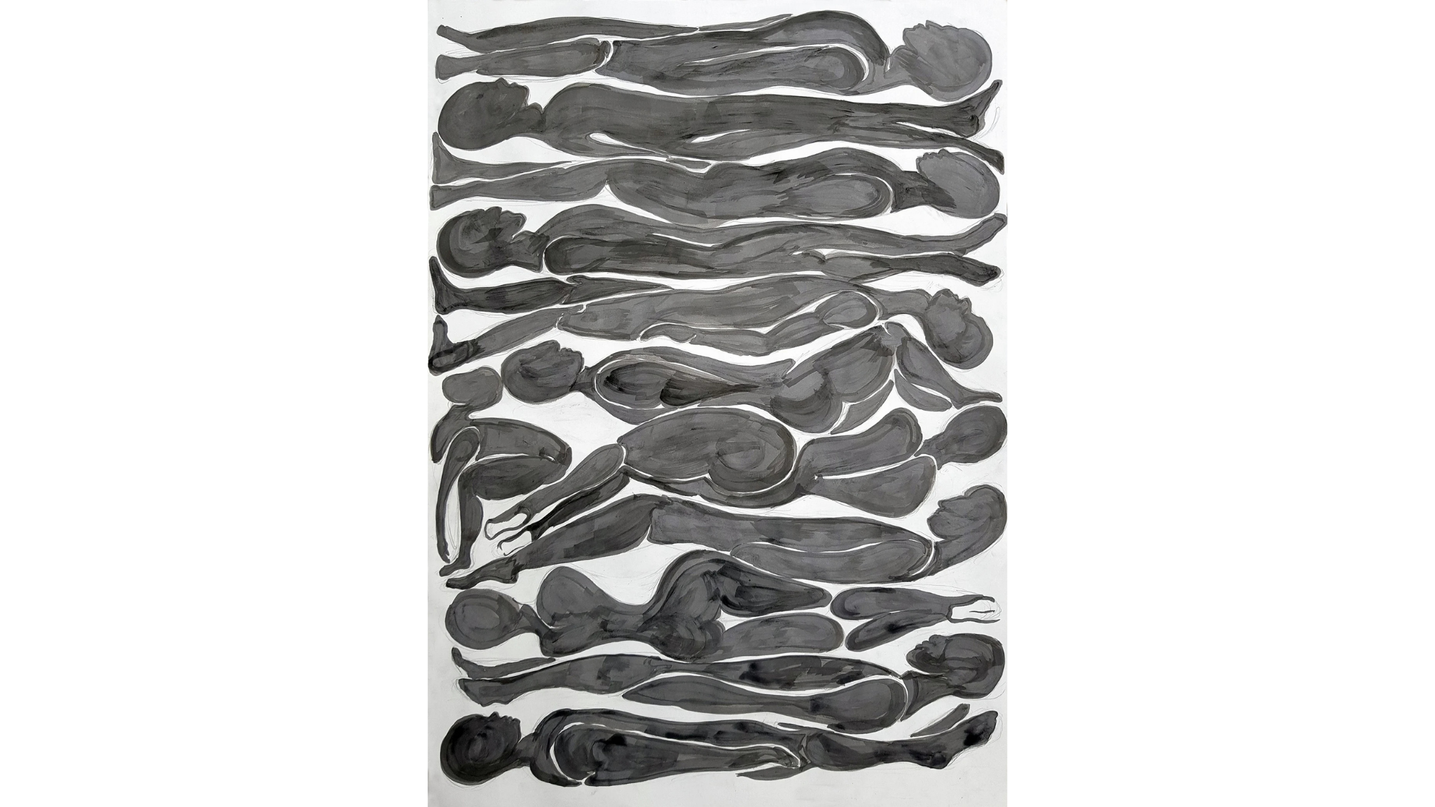 Painting on white paper of bodies piled on top of one another depicted in black ink by Simone Brewster