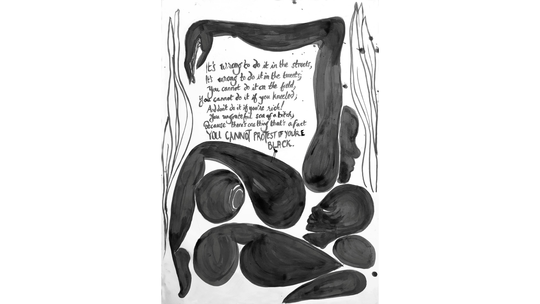 Painting by Simone Brewster on white paper with text painted in black ink and a fragmented figure painted also in black ink around the text
