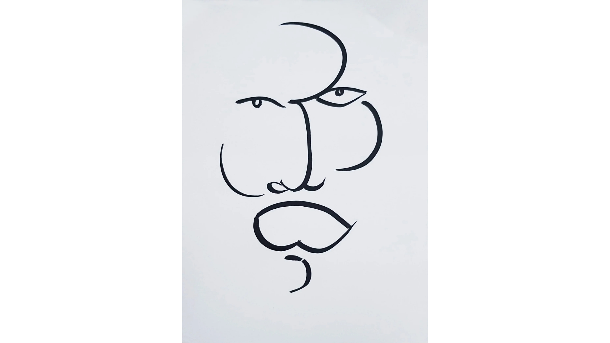 A black ink painting on white paper depicting a face using simple lines  