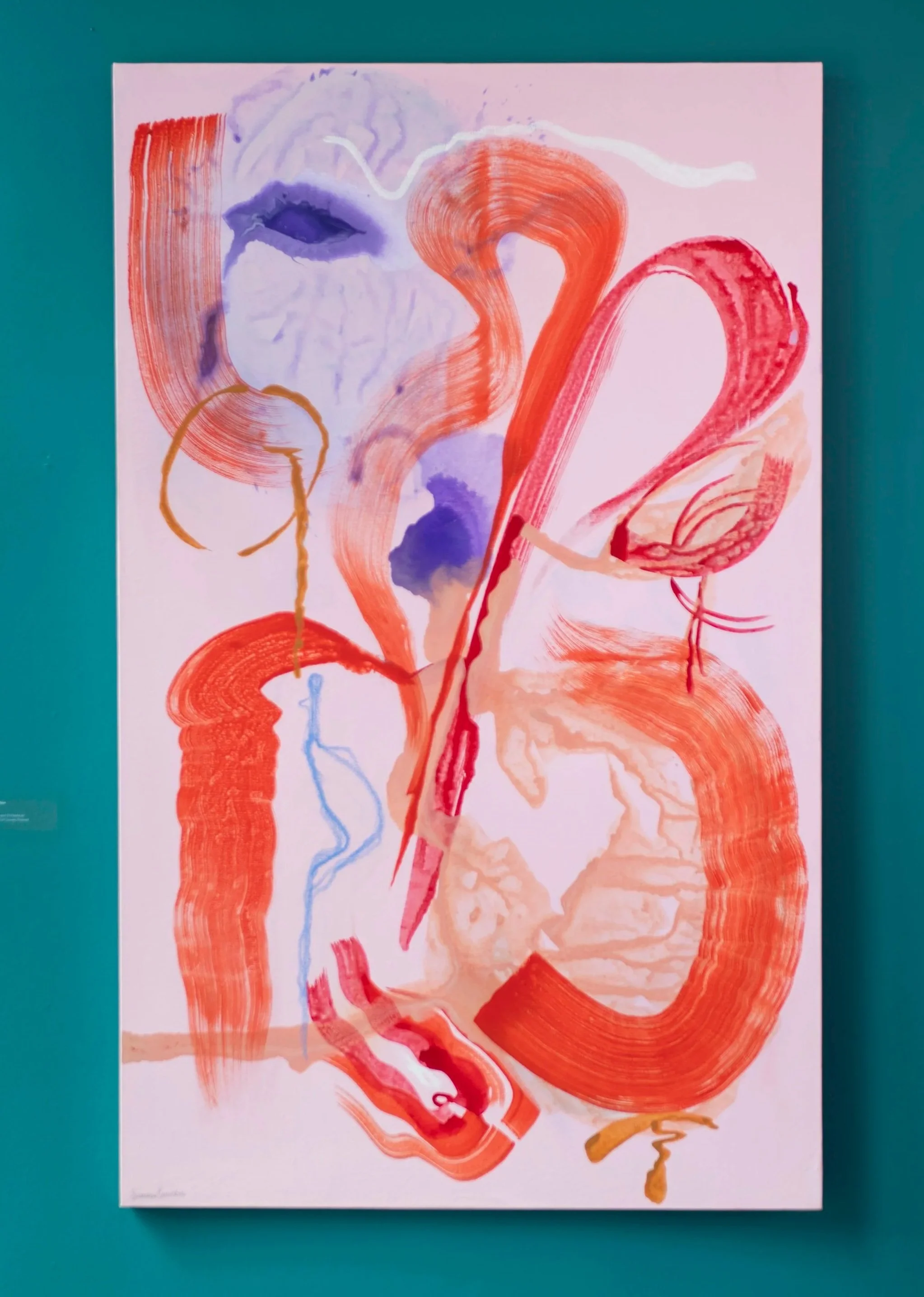 Large brush stroke vibrant abstract painting in orange and red on pink with purple washes by Simone Brewster