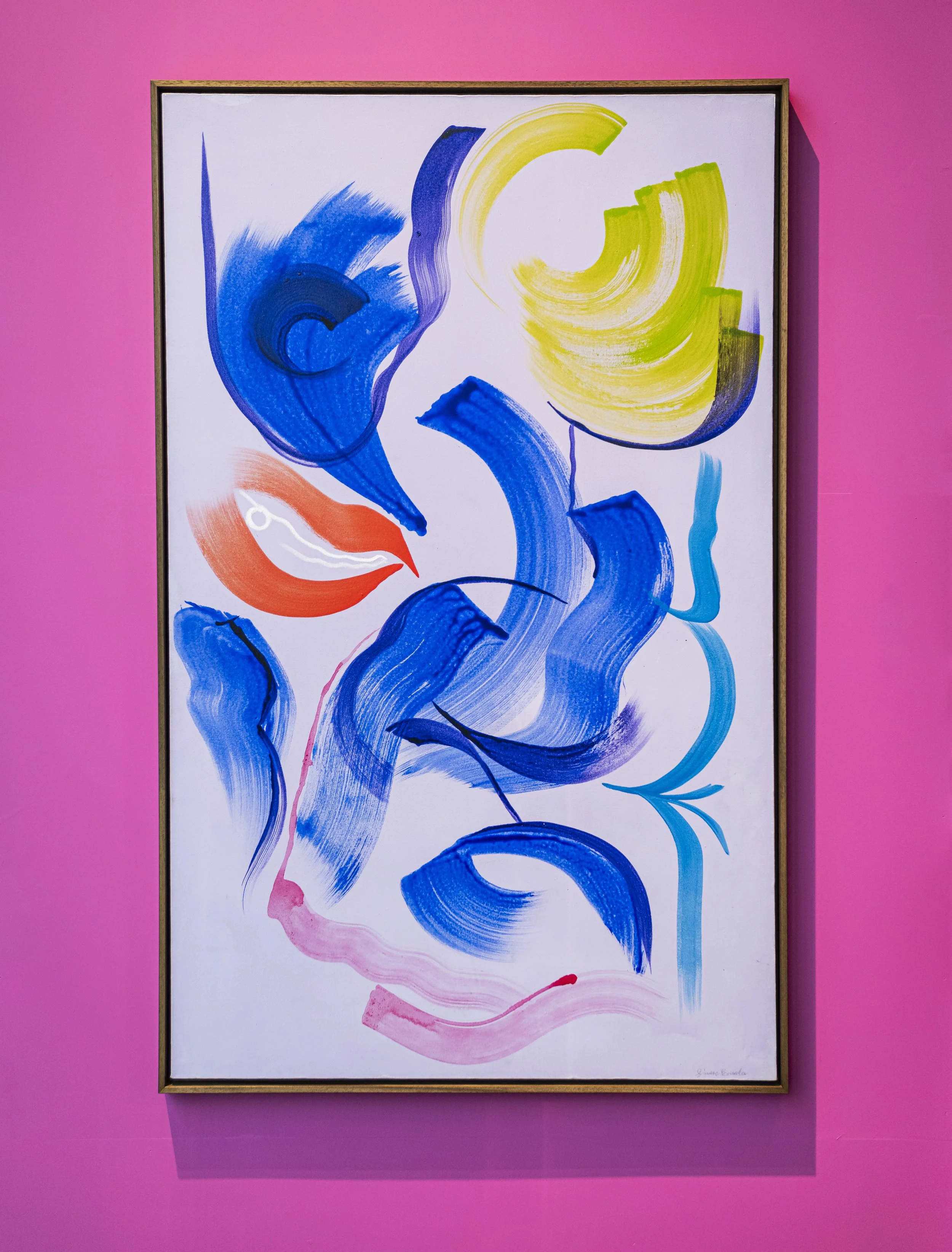 Abstract calligraphic painting in vibrant blues with green and red accents framed in solid wood by Simone Brewster