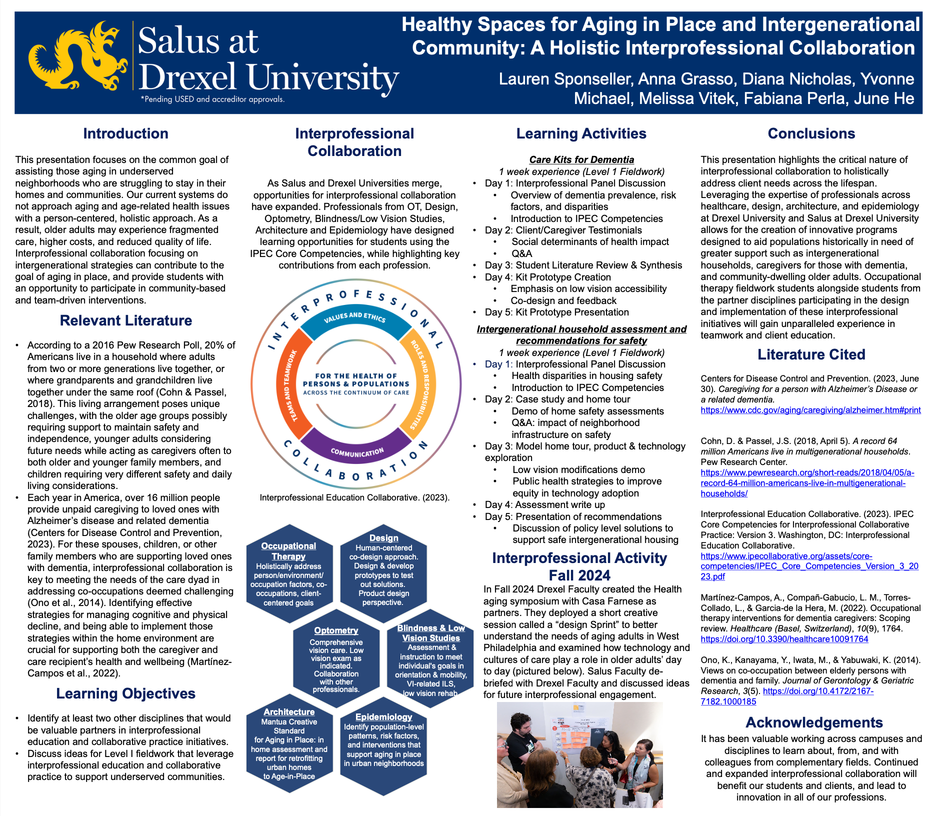 Healthy Spaces for Aging in Place and Intergenerational Community: A Holistic Interprofessional Collaboration AOTA INSPIRE