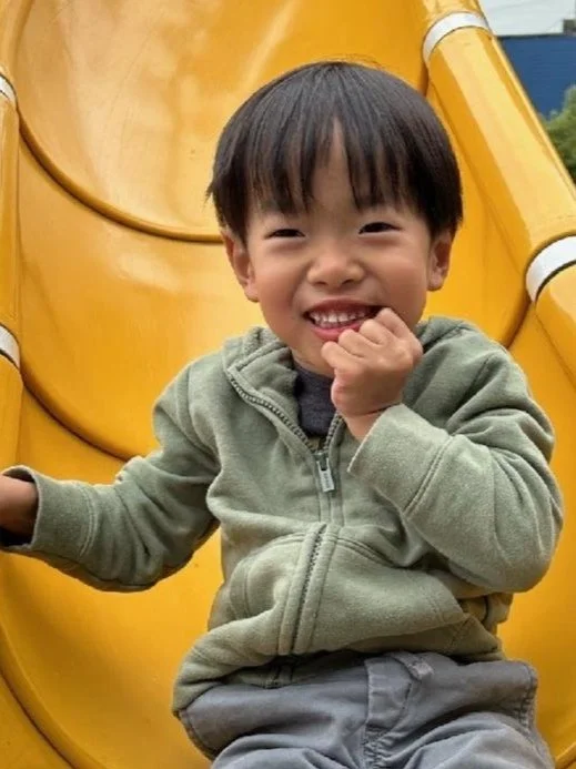 Smiling young boy with dark hair, wearing a green jacket, sitting at the top of a yellow slide at a playground.