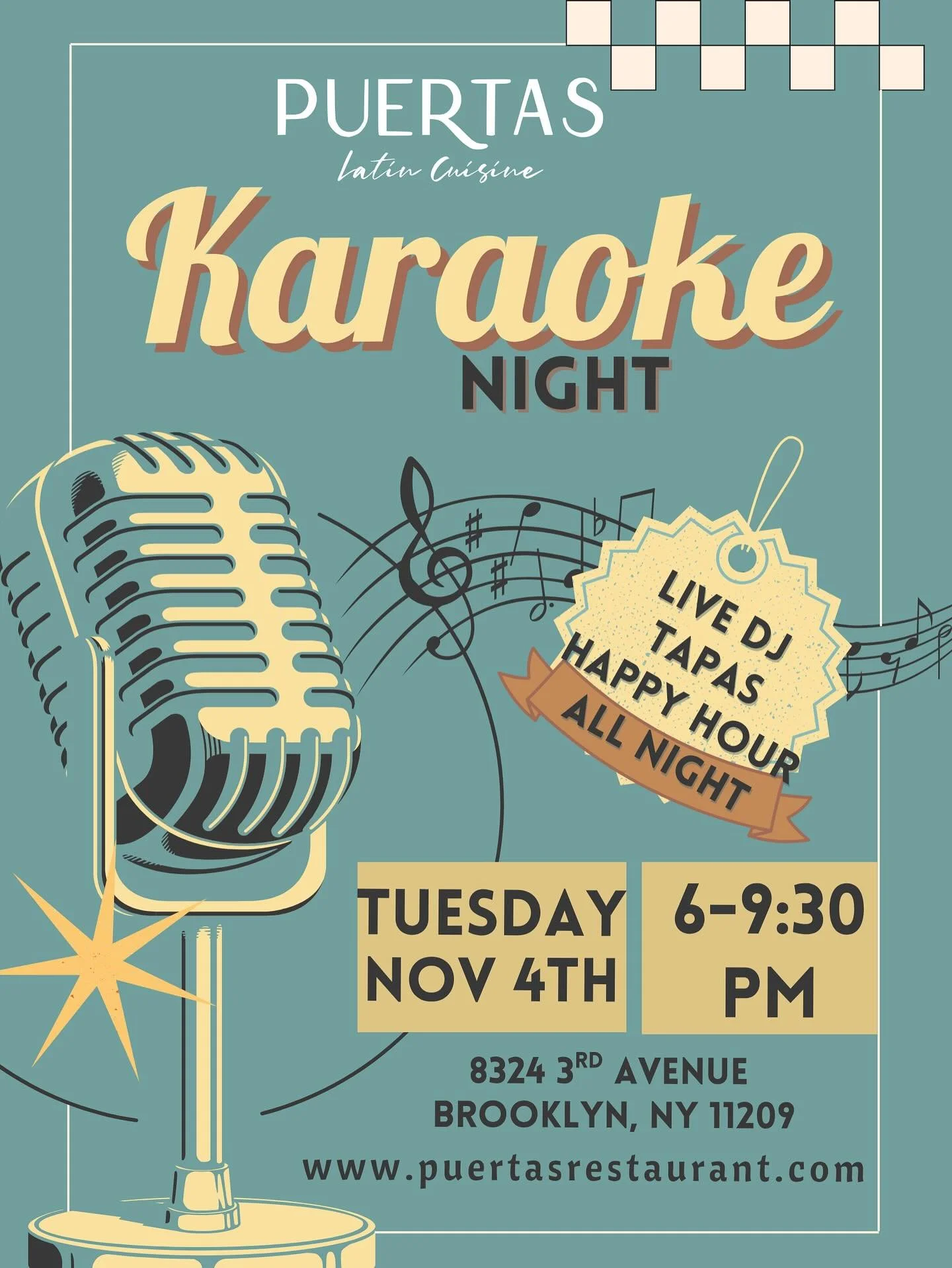 🎤 Karaoke Night at Puertas! 🎶
Step up to the mic and sing your heart out! Join us Tuesday, Nov 4th from 6&ndash;9:30 PM for a night of music, tapas, and handcrafted cocktails. 🎵✨

Enjoy a live DJ, tapas menu, and happy hour all night long &mdash; 