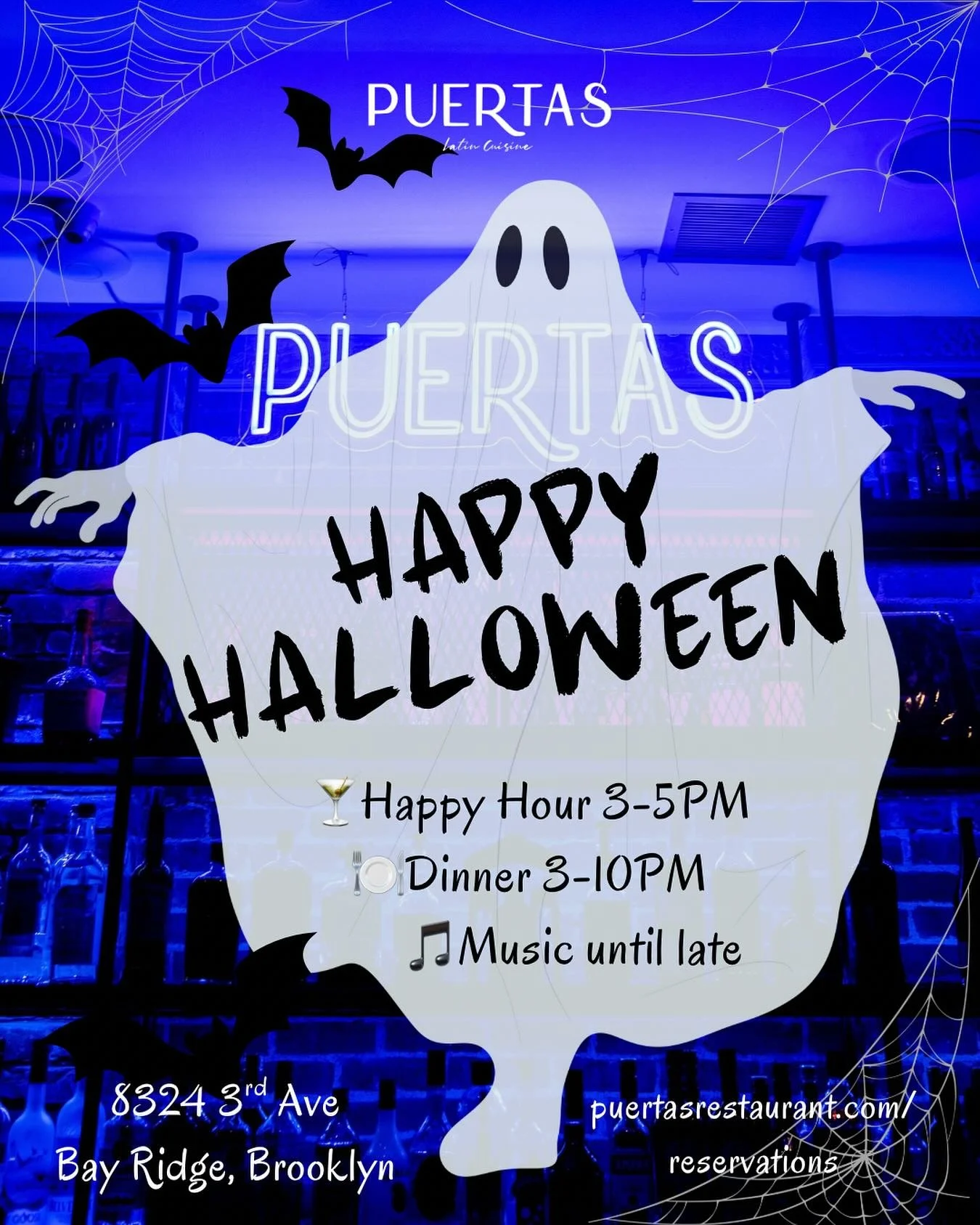 👻 Happy Halloween from PUERTAS! 🎃
The spirits are out and so are our seasonal specialty cocktails 🍸✨
Join us tonight for:
🕒 Happy Hour 3&ndash;5PM
🍽 Dinner 3&ndash;10PM
🎶 Music until late

Come for the vibes, stay for the hauntingly good flavor