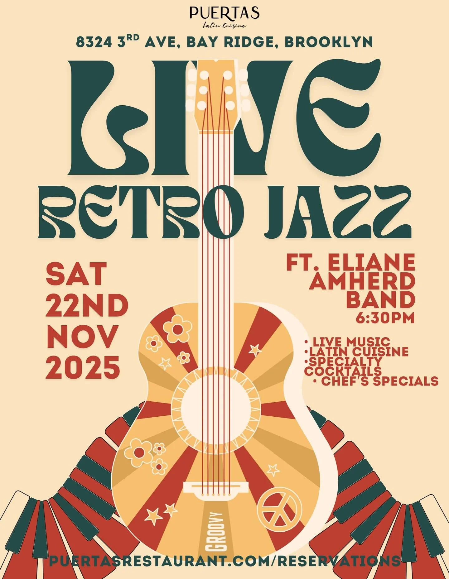 Groove with us this Saturday, Nov 22nd! 🎷🌼
Live Retro Jazz + the Eliane Amherd Band + specialty cocktails = a perfect Bay Ridge night.
Book your table, let&rsquo;s make it a night to remember. ✨

6:30PM
📍8324 3rd Ave

puertasrestaurant.come/reserv