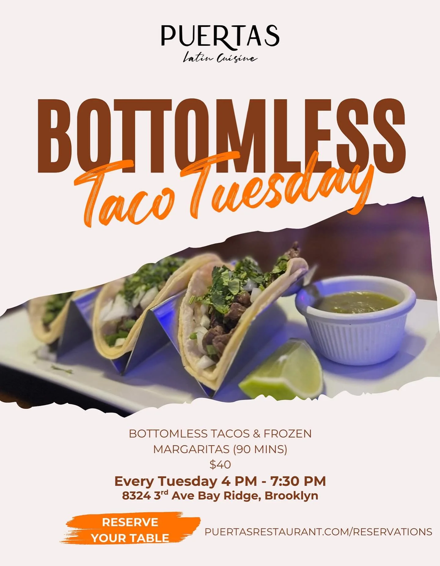 BOTTOMLESS. TACO. TUESDAY.
Say it louder for the people in the back 🍹 🌮 
Unlimited tacos + frozen margaritas for 90 full minutes. Every Tuesday, 4&ndash;7:30PM. Grab the squad and let&rsquo;s taco about it.

📍8324 3rd Ave