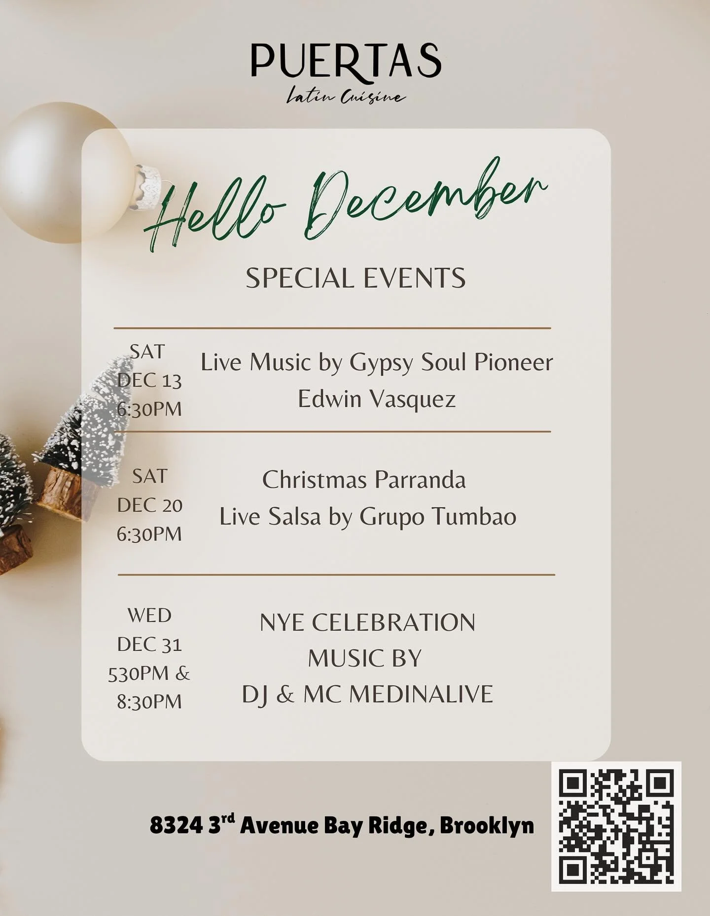 ✨ December at Puertas just got an update &mdash; and you&rsquo;re invited. ✨

From cozy live music nights to high-energy salsa and an unforgettable New Year&rsquo;s Eve dinner party, we&rsquo;ve got your December plans covered. 🥂🎶💃🏽

📅 Mark thes