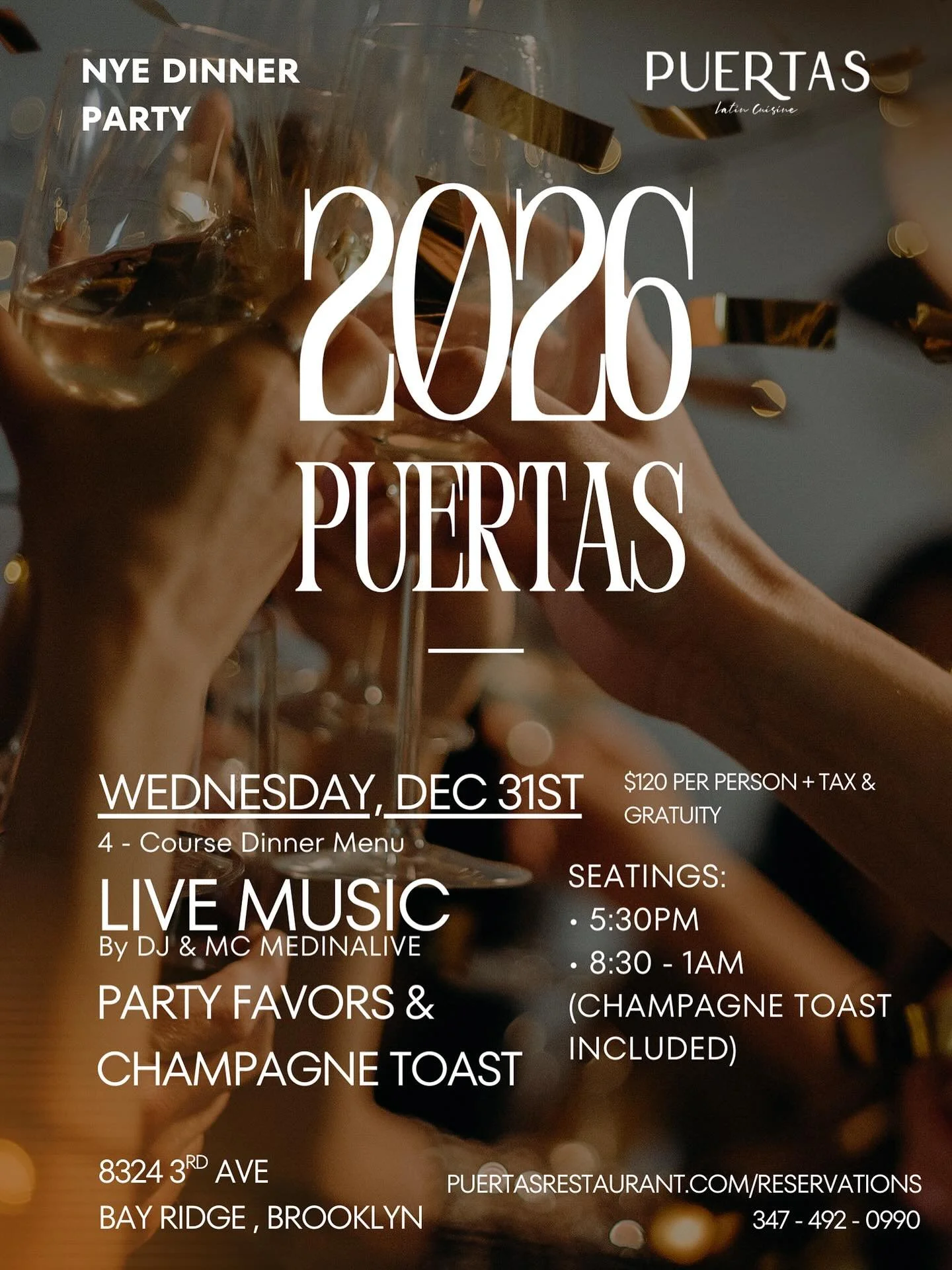 Ring in 2026 the Brooklyn way 🍾✨ 
NYE at Puertas: 4-course feast, live DJ, champagne toast, and all the vibes in Bay Ridge. 

Dress up, show up, glow up &mdash; reservations in bio before this party sells out.

📍8324 3rd Ave
347 - 492 - 0990
