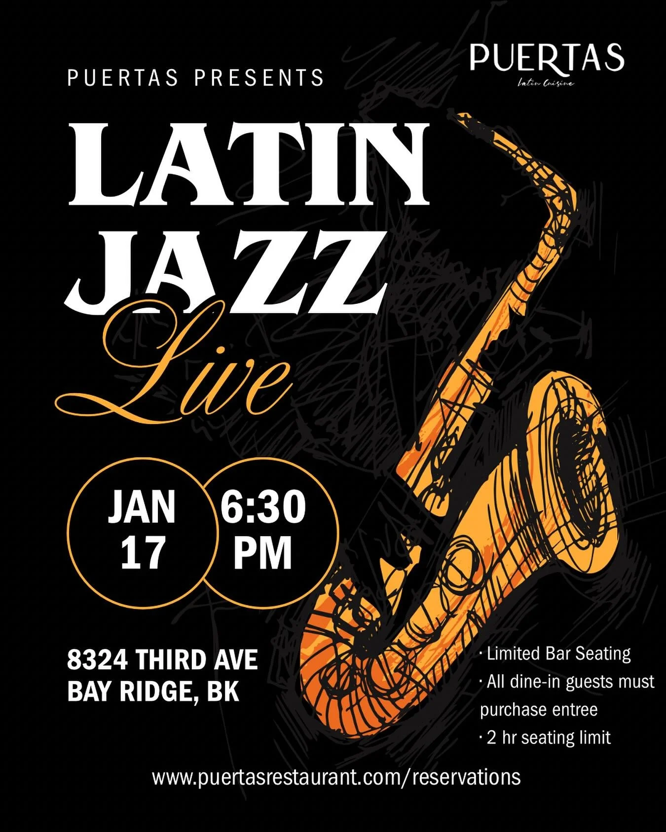 Latin Jazz Live returns to Puertas 🎷✨
Sabar Trio is back with smooth rhythms &amp; looking forward for warm plates, and a night that moves at its own pace.
🗓 Saturday, Jan 17 | ⏰ 6:30 PM
📍 8324 3rd Ave
Bay Ridge, Brooklyn
Reserve your table&mdash;