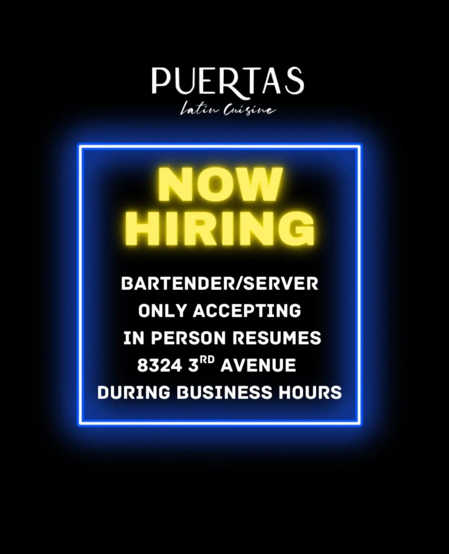 Now hiring at Puertas 🍸✨
We&rsquo;re looking for an experienced Bartender/Server to join our team.

Please apply in person only by dropping off your resume at the restaurant.
We&rsquo;re seeking someone friendly, reliable, and confident in a fast-pa