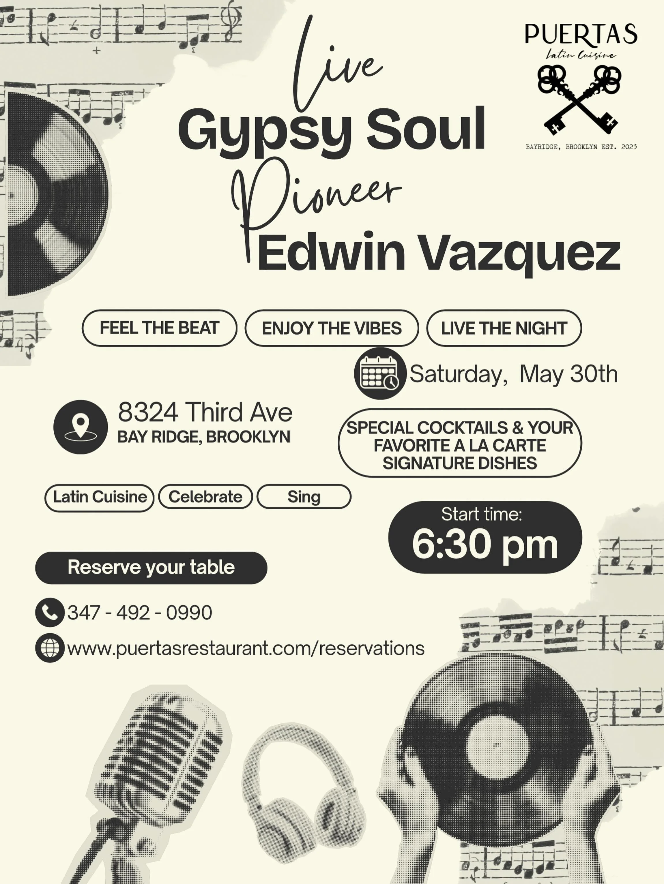 Saturday nights hit different at Puertas 🎶✨
Join us for a live performance by the legendary Gypsy Soul Pioneer, Edwin Vazquez @edwinvazquezmusica &mdash; bringing soulful rhythms, incredible vibes, and an unforgettable night to Bay Ridge.

Enjoy han