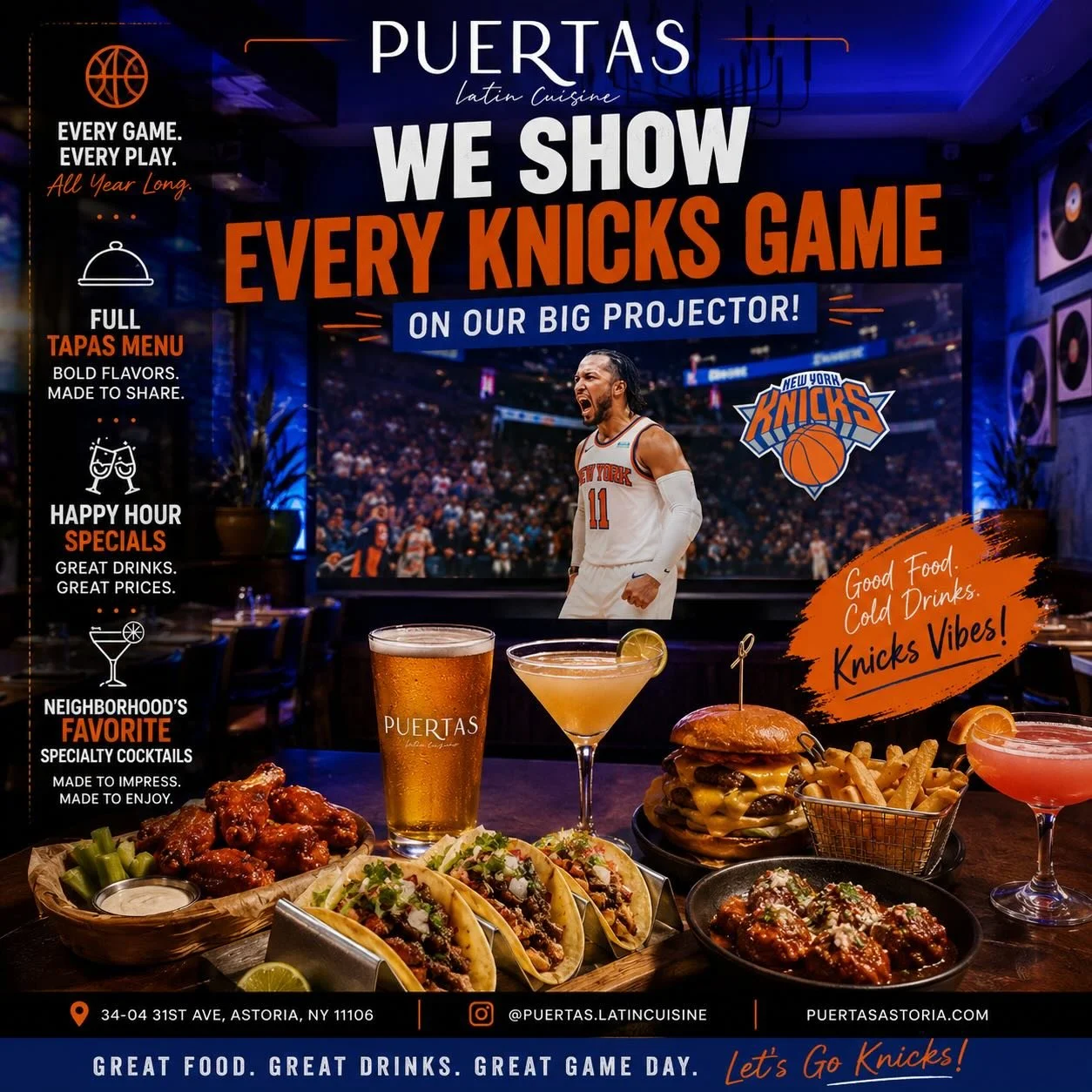 🏀 KNICKS FINALS AT PUERTAS 🏀

Every Knicks game. Every big moment. Every bucket.

Join us at Puertas Latin Cuisine and catch all the action on our giant projector screen while enjoying our full tapas menu, happy hour specials, and the neighborhood&